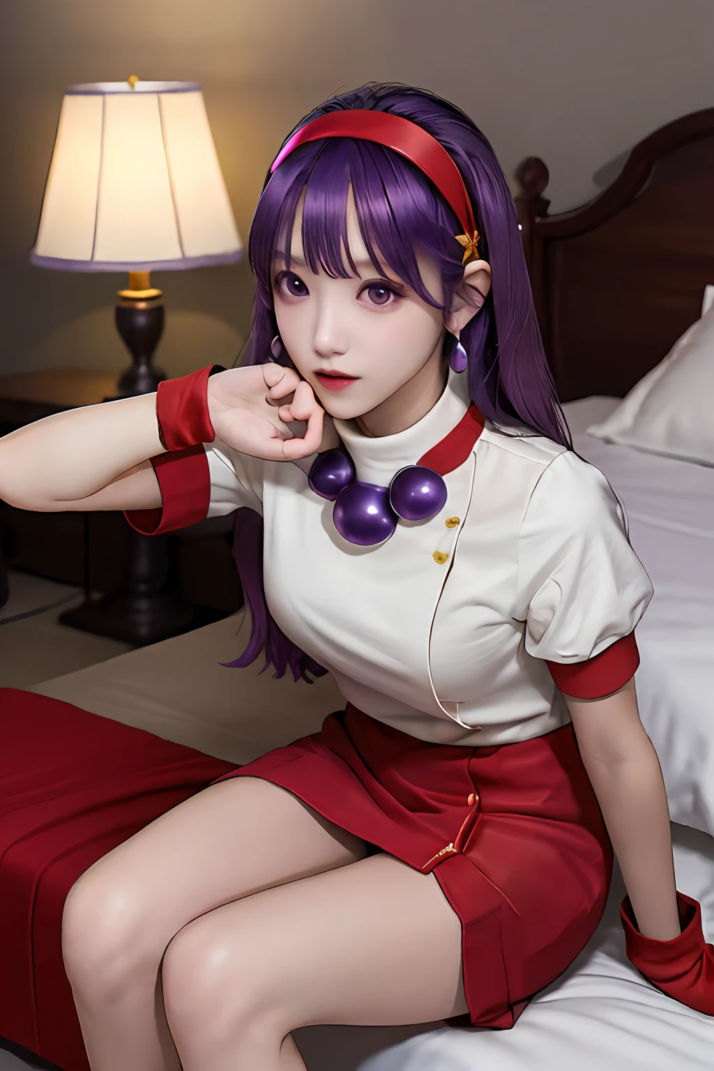 Masterpiece, Best Quality, High Resolution, AA1, Purple Hair, Long Hair, Headband, Long Hair, Necklace, Earrings, Red Dress, Smaller Tits, Fluffy Short Sleeves, White Sleeves, White Wristband, Full Body, Bedroom, Big Bed, Jiro Legs, Perspective Below, Hand on Chest, Seated,