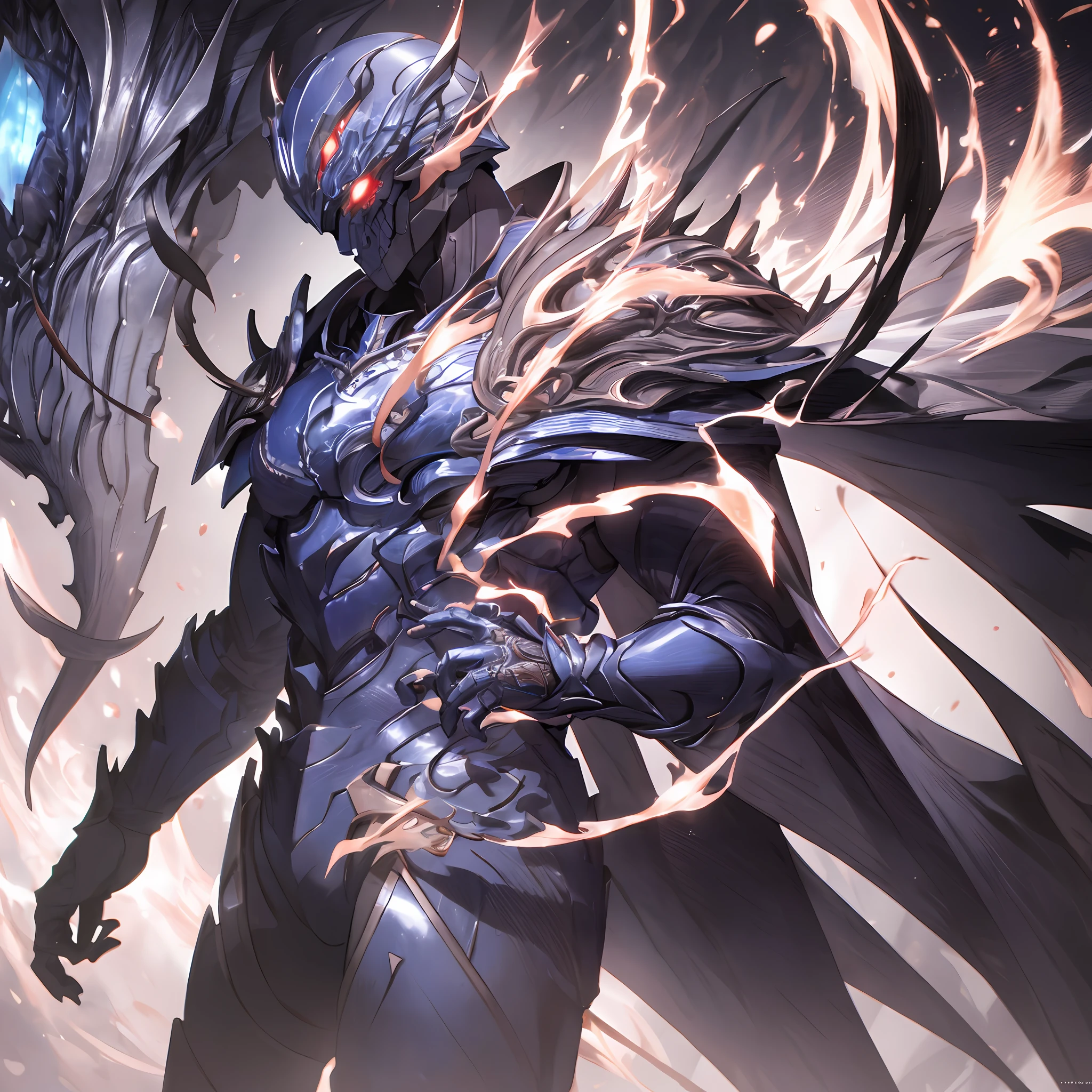 masterpiece, highly detailed CG unified 8K wallpapers, 8k uhd, dslr, high quality, clean, best illumination, a god in a blue and black armor, dark cape, glowing eyes, cinematic, ultra-high resolution, ultra-high detailed, high-definition, shadowverse style