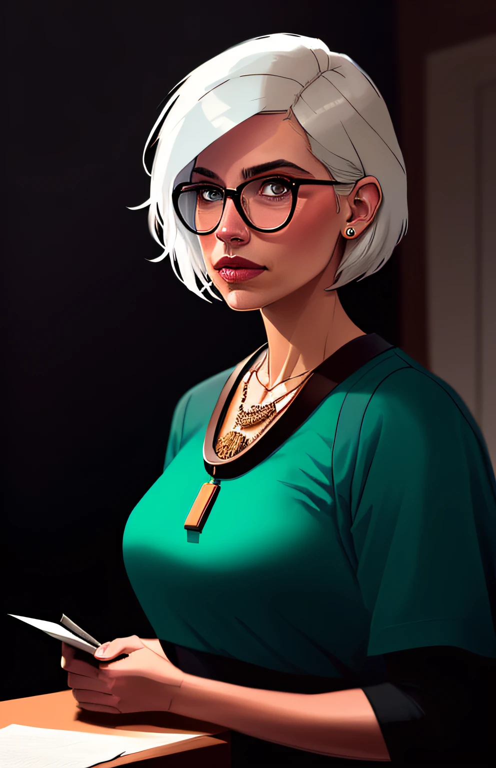 (Dark photo: 1.1), epic realistic, Halo portrait, blue eyes, glasses, necklace, elf woman, white hair, short hair, square hair, by Atey Ghailan, Busty Milf, shirt, by Greg Rutkowski, by Greg Tocchini, by James Gilleard, by Joe Fenton, by Kaethe Boucher, gradient yellow, black, brown and magenta color scheme, elegant aesthetic! Classroom, art by Greg Rutkowski and Artgerm, soft cinematic light, Adobe Lightroom, Photolab, HDR, complex, highly detailed, (depth of field: 1.4), faded, (neutral colors: 1.2), (HDR: 1.4), (muted colors: 1.2), hyperdetailed, (artStation: 1.4), kinematics, warm lights, dramatic light, (intricate details: 1.1), complex background, (rutkowski: 0.66), (teal and orange: 0.4)