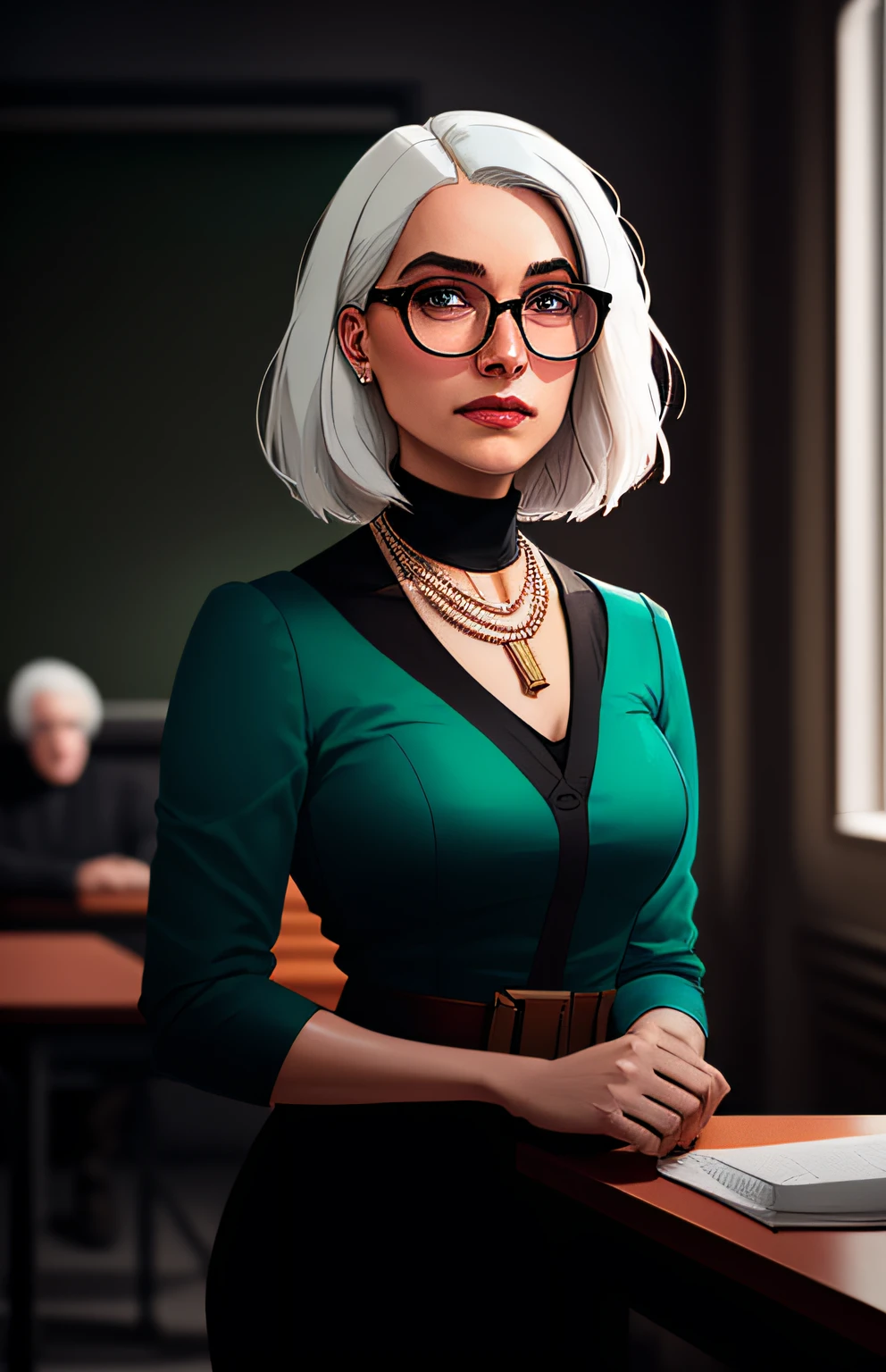 (Dark photo: 1.1), epic realistic, Halo portrait, blue eyes, glasses, necklace, elf woman, white hair, short hair, square hair, by Atey Ghailan, Busty Milf, shirt, by Greg Rutkowski, by Greg Tocchini, by James Gilleard, by Joe Fenton, by Kaethe Boucher, gradient yellow, black, brown and magenta color scheme, elegant aesthetic! Classroom, art by Greg Rutkowski and Artgerm, soft cinematic light, Adobe Lightroom, Photolab, HDR, complex, highly detailed, (depth of field: 1.4), faded, (neutral colors: 1.2), (HDR: 1.4), (muted colors: 1.2), hyperdetailed, (artStation: 1.4), kinematics, warm lights, dramatic light, (intricate details: 1.1), complex background, (rutkowski: 0.66), (teal and orange: 0.4)