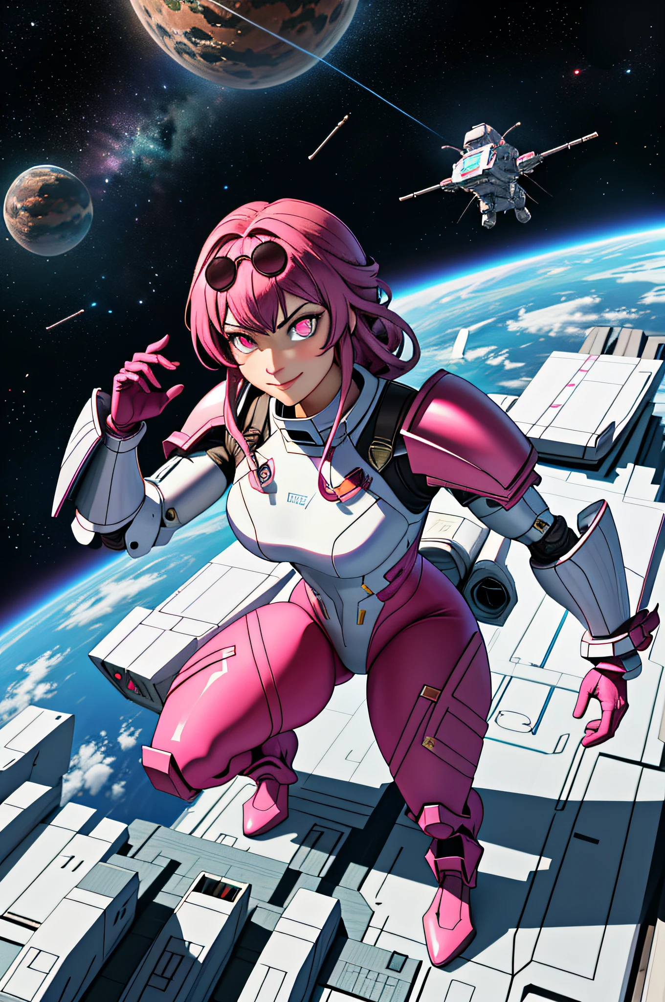 (masterpiece, best quality, absurdres), 1girl, solo, kafka, mommy kafka, pink eyes, glowing eyes, cowboy shot, looking at viewer,smug, squatting, from above, eyewear on head, full body armor, tech armored impossible bodysuit, pink bodysuit, spacecraft interior, spacecraft