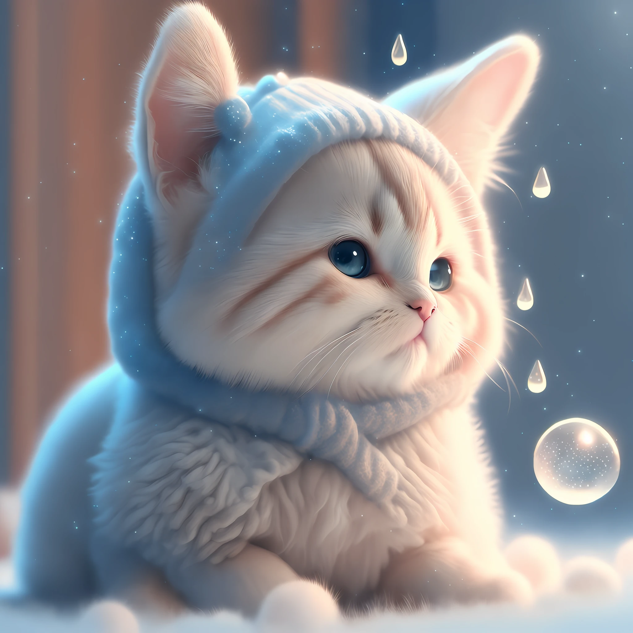 A cat playing with furballs, cute, dreamy, looking at you, very, very normal cute, beautiful, beautiful, detailed, crystal clear, water droplets exploding --auto