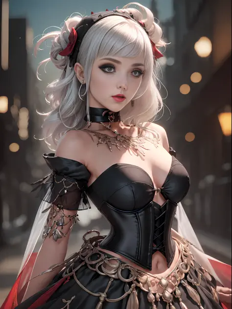 absurdres, (masterpiece, best quality, highres, ultra detailed), cinematic lighting, ((((hip level)), choker, intrincado dress, corset, city streets, city lights, evening, goth girl, 1girl, solo, radiant eyes, detailed skin, detailed eyes, white hair, blun...