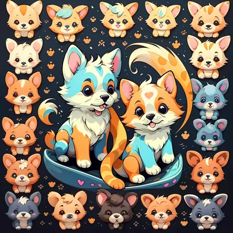 (Cute puppy: 1.2+ animal cartoon patterns), (vector art: 1.2), "cute", "colorful colors", "bright tones", slightly blurred background, small icons of good size.