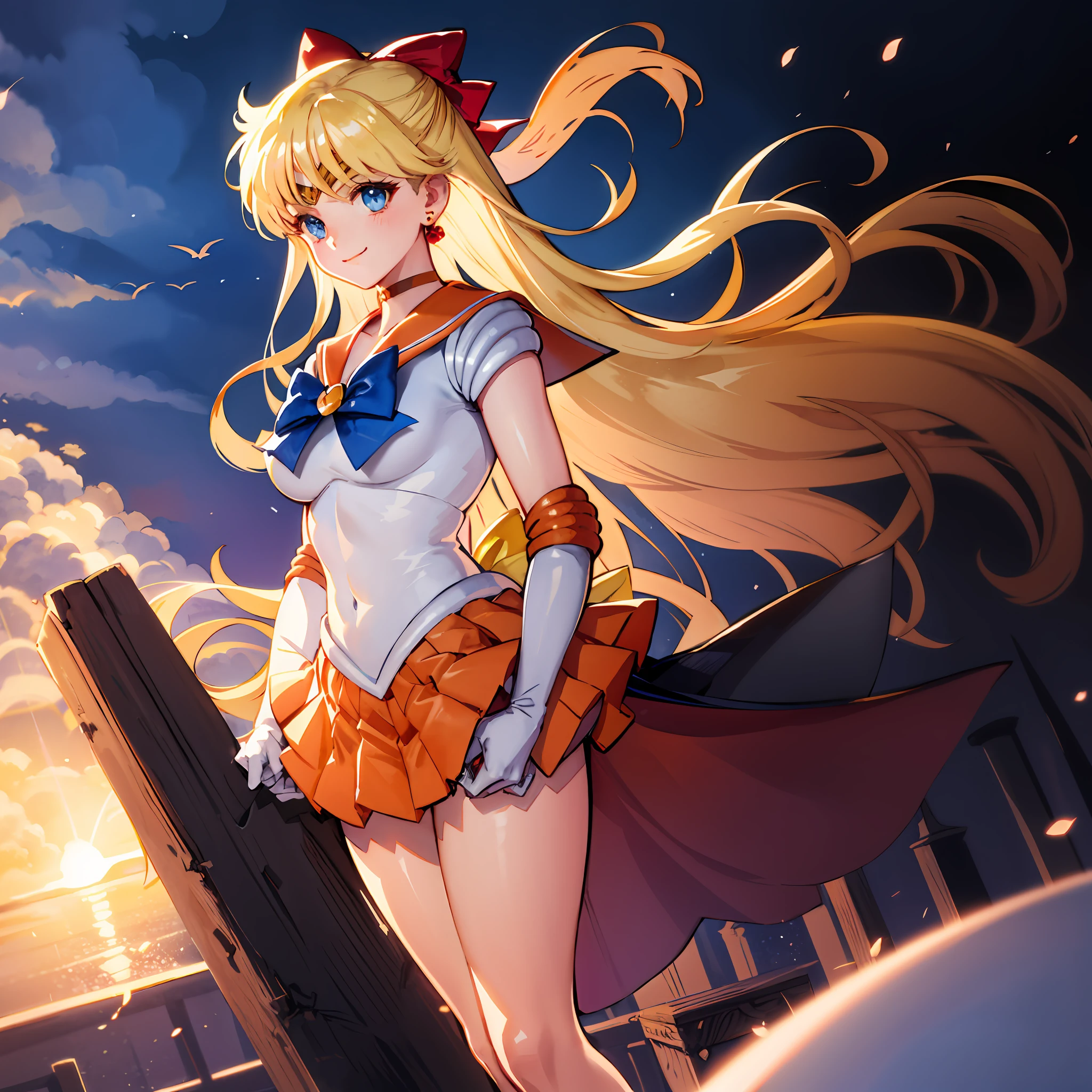 masterpiece, best quality, highres, sv1, sailor senshi uniform, medium breast, orange skirt, elbow gloves, tiara, orange sailor collar, red bow, orange choker, white gloves, jewelry,smile, brush, from below, skirt lift, standing, looking back, white leotard, milf, ornate fabric, leather texture, dramatic lighting, cinematic shot, atmospheric, depth of field, comic style, watercolor style, floating hair, wind, wind lift, shiny hair, bedroom