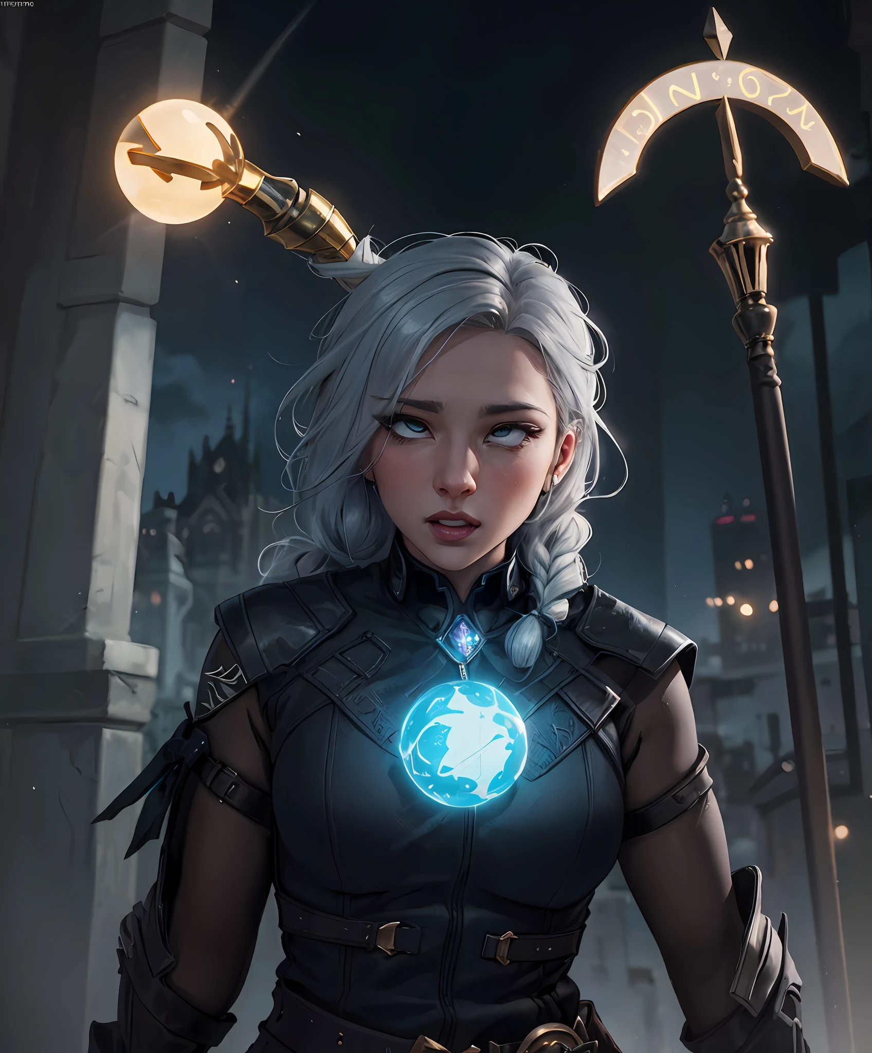 fantasy setting, sharp focus, high quality photo of beautiful nordic mature woman,magician , wearing black clothes with silver tracery, white single braid hair, confident look, rising ((magic staff with shining sphere atop)), glowing runes flying around, jewelry, detailed eyes, low body-fat, cinematic lighting, highly detailed, (matching eyes:1.2), fully body photo, epic pose, night sky background, art by charlie bowater, (Extremely Detailed Oil Painting:1.2), glow effects, godrays, Hand drawn, render, 8k, octane render, cinema 4d, blender, dark, atmospheric 4k ultra detailed, cinematic sensual, Sharp focus, humorous illustration, big depth of field, Masterpiece, colors, 3d octane render, 4k, concept art, trending on artstation, hyperrealistic, Vivid colors, extremely detailed CG unity 8k wallpaper, trending on ArtStation, trending on CGSociety, Intricate, High Detail, dramatic, (ahegao:1.5)