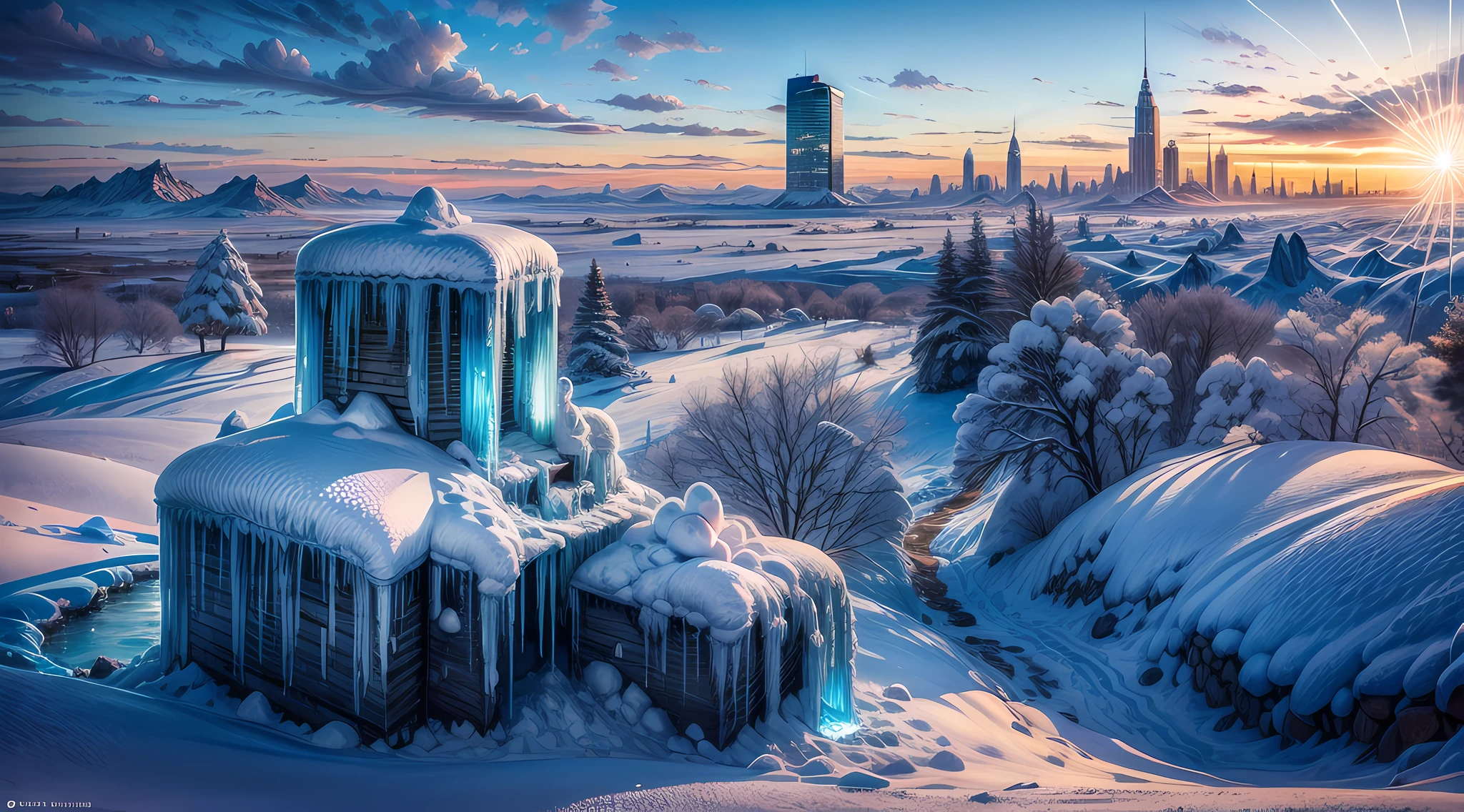 In the year 2100, a hauntingly beautiful and post-apocalyptic landscape stretches out before our eyes. The world has succumbed to a new ice age, where icy winds whip through the desolate remains of once-thriving cities. Nature's icy grip has transformed the familiar urban jungles into frozen mausoleums. Skyscrapers, now frozen sentinels, stand amidst the unforgiving ice and snow, their crystalline forms capturing the fragile beauty of human existence. Windows, encased in ice, reflect the remnants of a bygone era. The frozen wasteland is buried beneath layers of snow and ice, and abandoned vehicles serve as somber reminders of humanity's struggle against the relentless cold. Silence reigns, broken only by the occasional creaking and groaning of frozen structures. The landscape shimmers under the pale sunlight, each delicate snowflake casting a mesmerizing glow. Nature's brush has transformed the world into a frozen masterpiece, leaving a profound sense of awe and melancholy in our hearts. Let this scene be captured through the lens of a high-quality digital camera, focusing on the intricate details of the icy structures, with a wide-angle lens (24mm), to emphasize the vastness of the frozen landscape. /imagine camera: Digital camera, wide-angle lens (24mm),