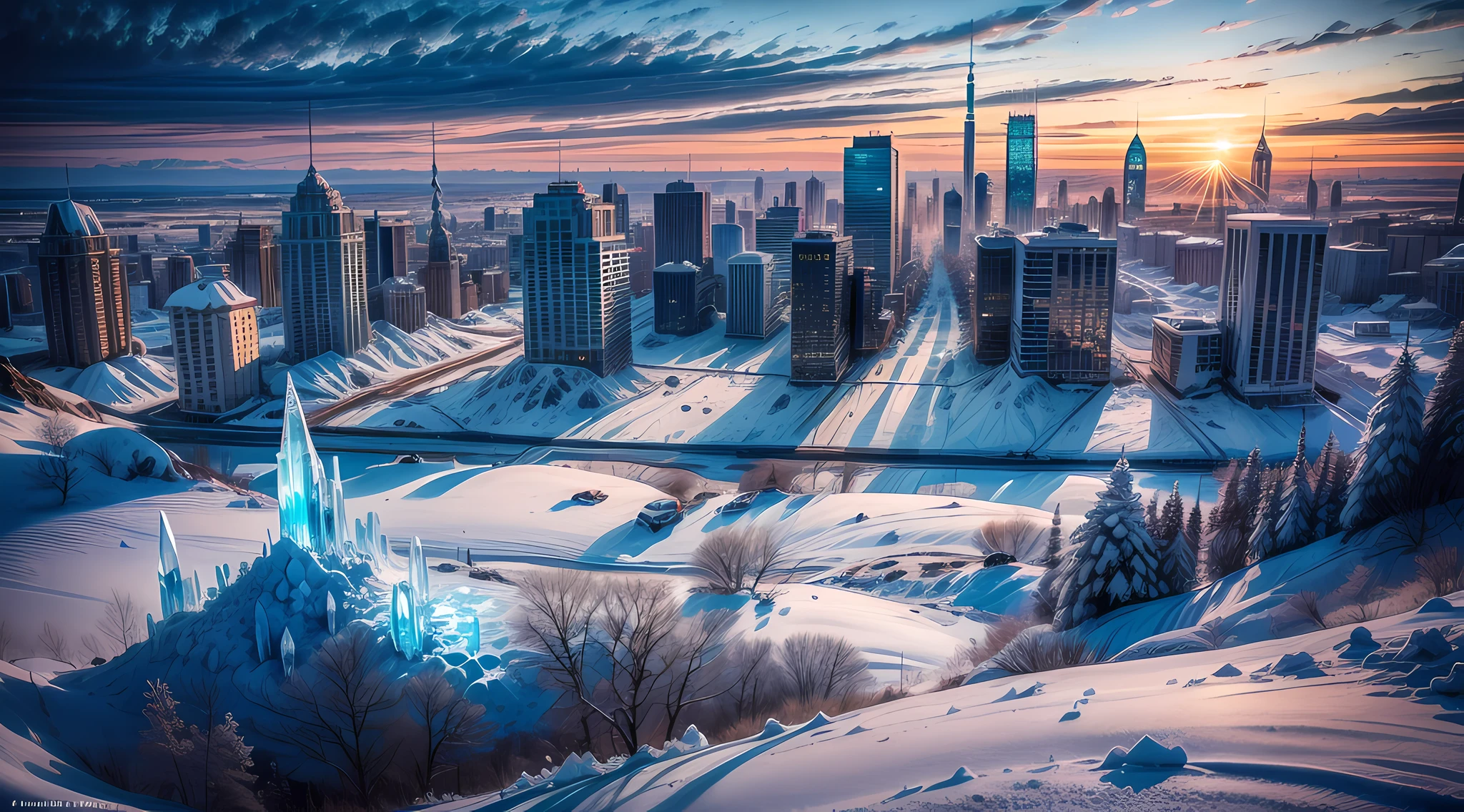 In the year 2100, a hauntingly beautiful and post-apocalyptic landscape stretches out before our eyes. The world has succumbed to a new ice age, where icy winds whip through the desolate remains of once-thriving cities. Nature's icy grip has transformed the familiar urban jungles into frozen mausoleums. Skyscrapers, now frozen sentinels, stand amidst the unforgiving ice and snow, their crystalline forms capturing the fragile beauty of human existence. Windows, encased in ice, reflect the remnants of a bygone era. The frozen wasteland is buried beneath layers of snow and ice, and abandoned vehicles serve as somber reminders of humanity's struggle against the relentless cold. Silence reigns, broken only by the occasional creaking and groaning of frozen structures. The landscape shimmers under the pale sunlight, each delicate snowflake casting a mesmerizing glow. Nature's brush has transformed the world into a frozen masterpiece, leaving a profound sense of awe and melancholy in our hearts. Let this scene be captured through the lens of a high-quality digital camera, focusing on the intricate details of the icy structures, with a wide-angle lens (24mm), to emphasize the vastness of the frozen landscape. /imagine camera: Digital camera, wide-angle lens (24mm),