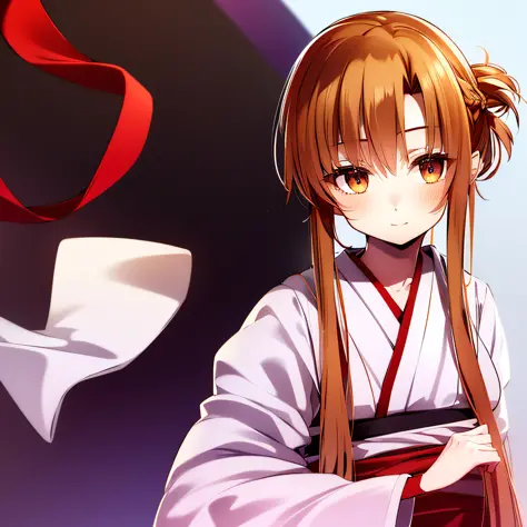 Kyuuketsuki Miyu (a young woman with brown hair, bangs not only on the front but on the sides, hair tied with a red band on the left side, short white kimono with a purple and red band) (Yellow eyes, bright)(bust portrait image ) --auto