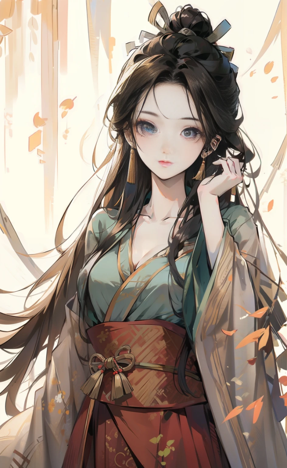 masterpiece, best quality, ((willow trees)), upper body, 1girl, standing, hanfu, detailed eyes, medium breasts, peaceful, looking at viewer, black hair,