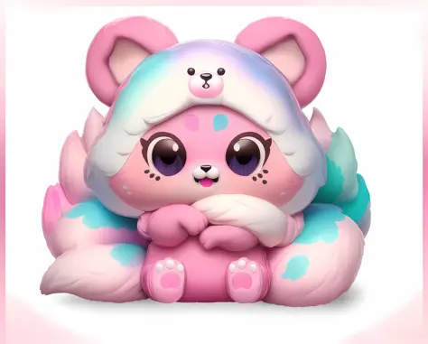 As a full body Funko Pop! , fox in teddy bear costume, vinyl toy, furry appearance, soft fluffy, as funko pop! , Inspired by the close-up of Nyuju Stumpy Brown fox statue, cute, pearlescent white + pink, beautiful eyes, detailed image, Nendoroid 3 D, 3 D s...