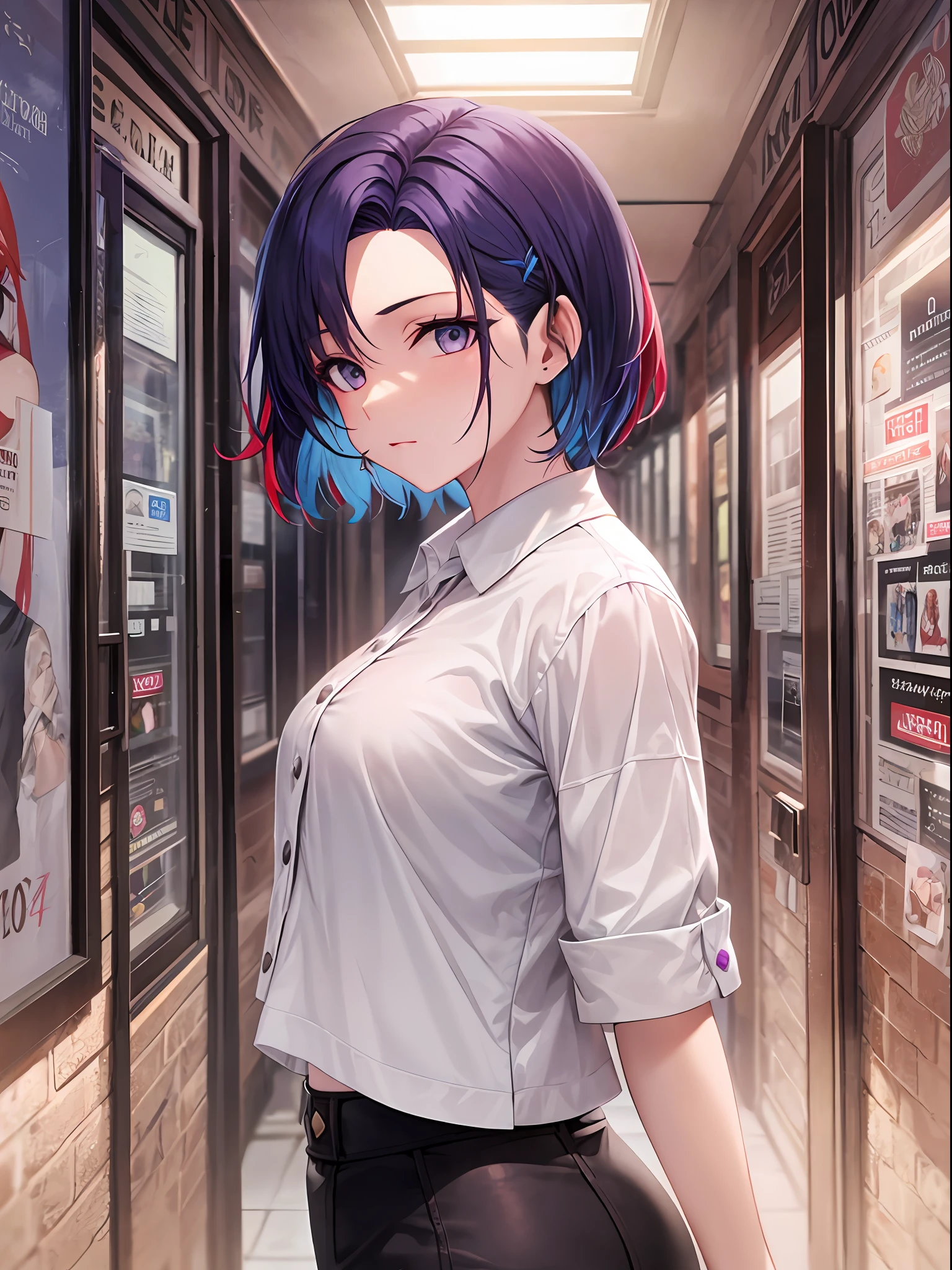 Belarus, (charmed_face), beautiful girl, loafers, forehead, short hair, (undercut:1.5), messy_hair, (Red hair:1.3), (Blue hair:1.3) (00ff70 eyes:1.3), solo, BREAK, girl, sfw,