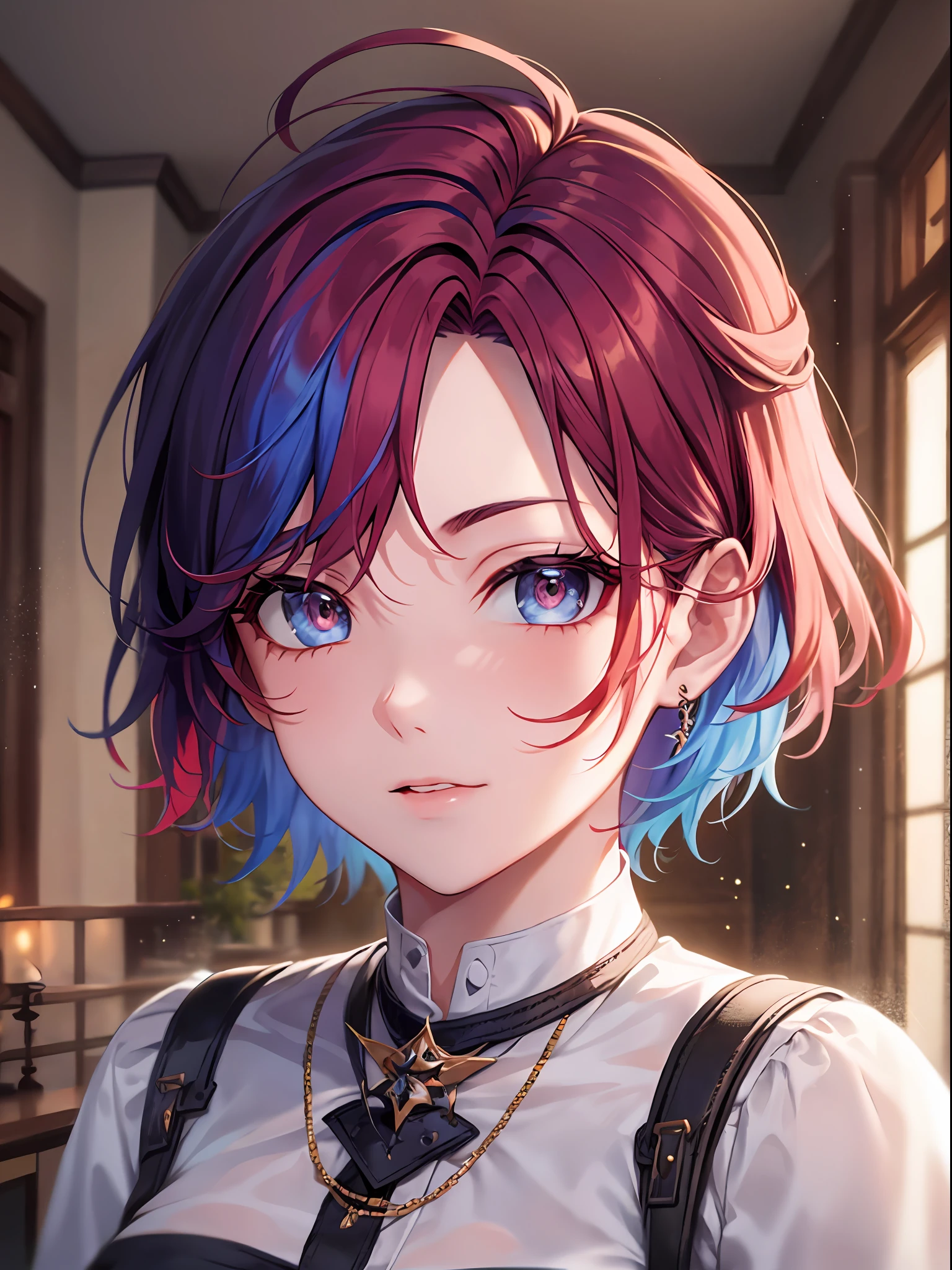 Belarus, (charmed_face), beautiful girl, loafers, forehead, short hair, (undercut:1.5), messy_hair, (Red hair:1.3), (Blue hair:1.3) (00ff70 eyes:1.3), solo, BREAK, girl, sfw,