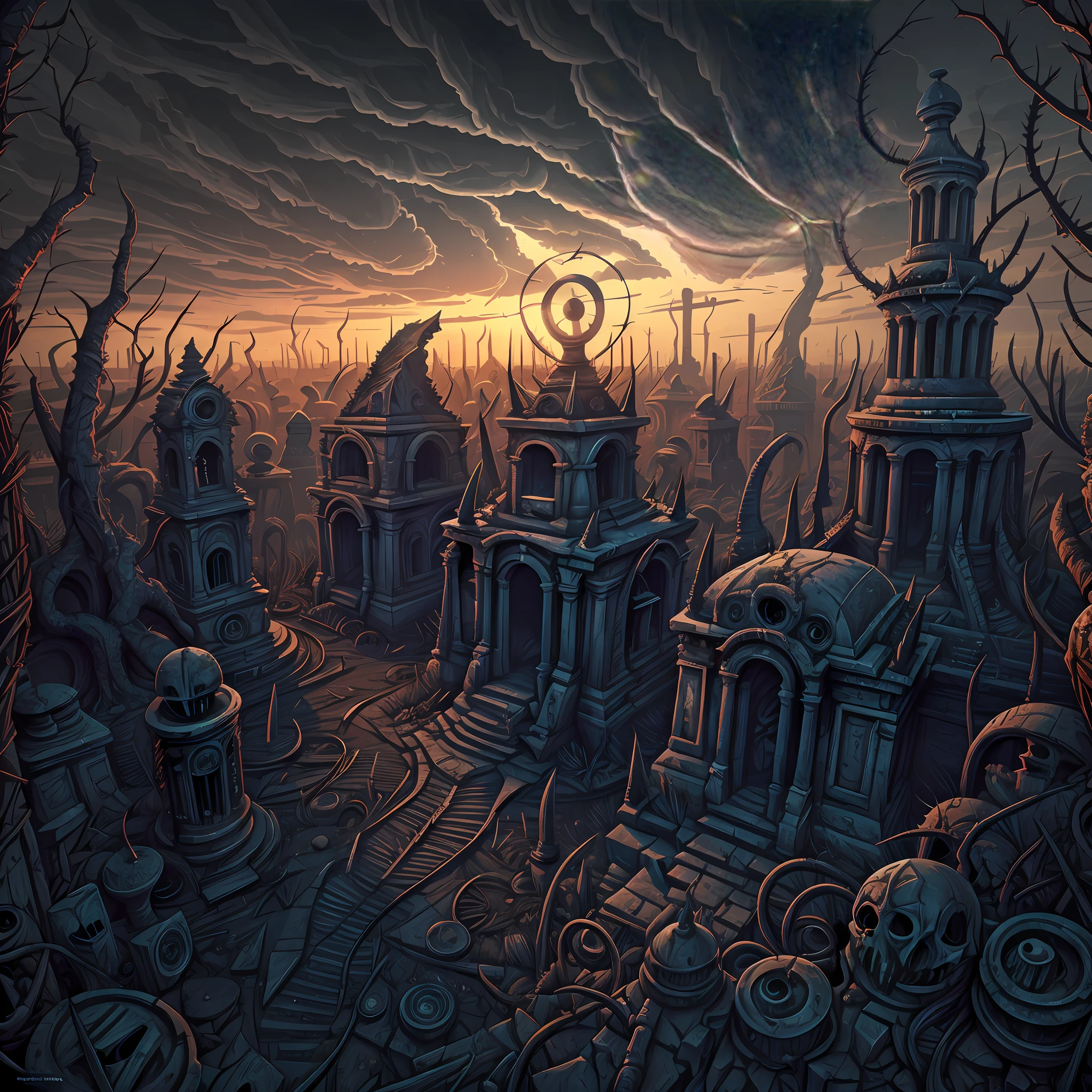 Vast angle, view from the top, creepy landscape of biomechanic cemetery. Dark horror, creepy vibration, biomechanic tombs; ruined sculptures, Madness and frenzy; spikes and thorns. Color drawing, unreal engine, UHD.