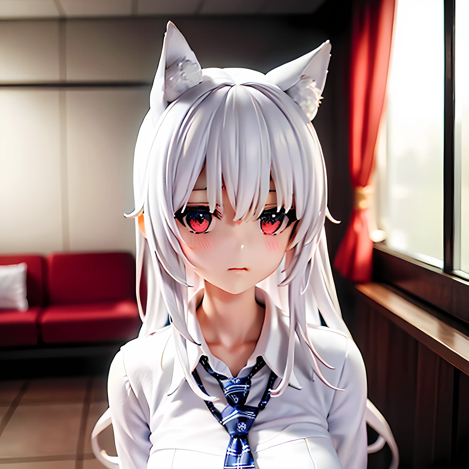 cute anime girl, anime, albino, long white curls, fox white ears, ultra-detailed, extremely detailed, masterpiece, best quality, long ears, business uniform, black tie, white shirt, tennis skirt black, men's admin tie, dark lighting, sad face, face of indifference, dropper, nekomimi, full art, smooth rendering, cool dark lighting, hospital, hospital vibe