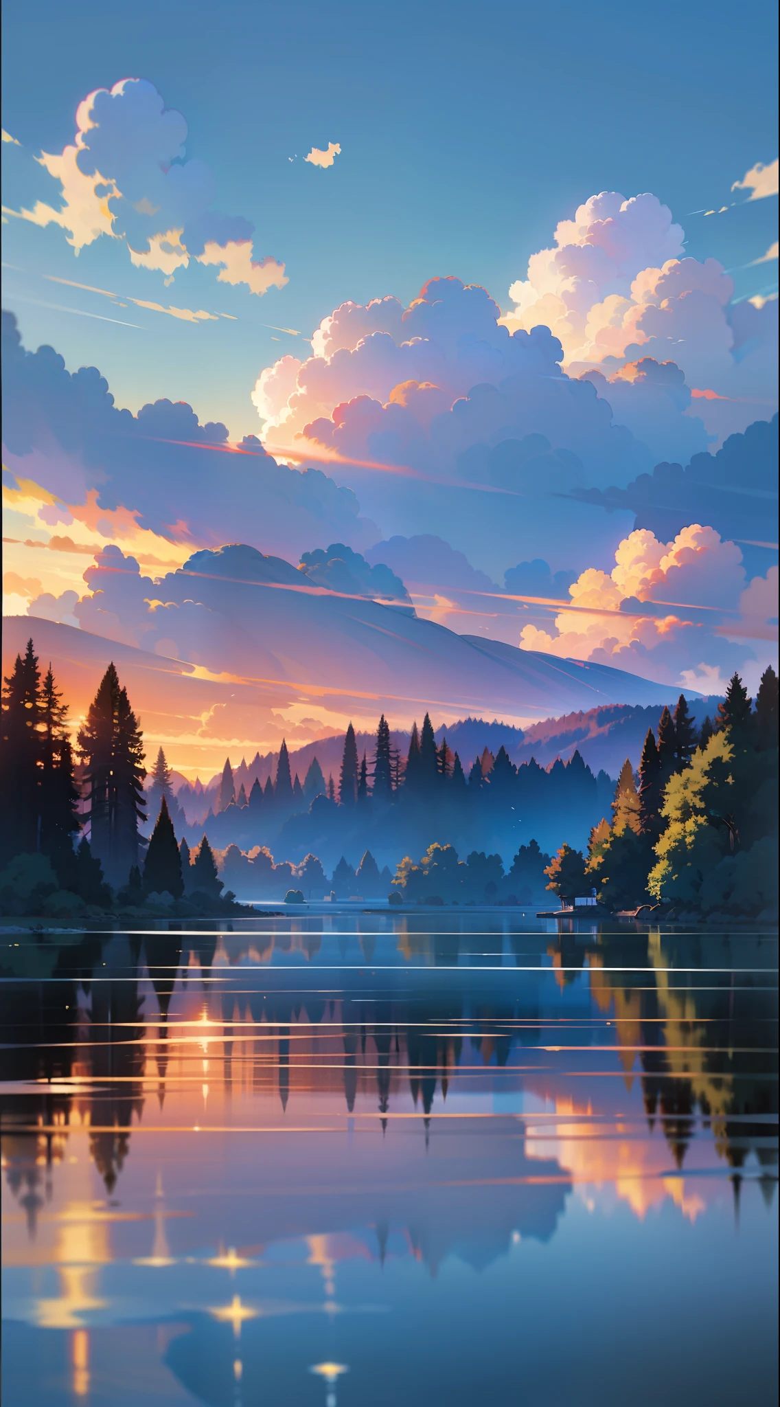 wallpaper, summer, lake, dawn, forest, detailed forest, clouds, masterpiece, cinematic, soft light, depth of field, ray tracing, reflection in water, realism, ulra detailed,