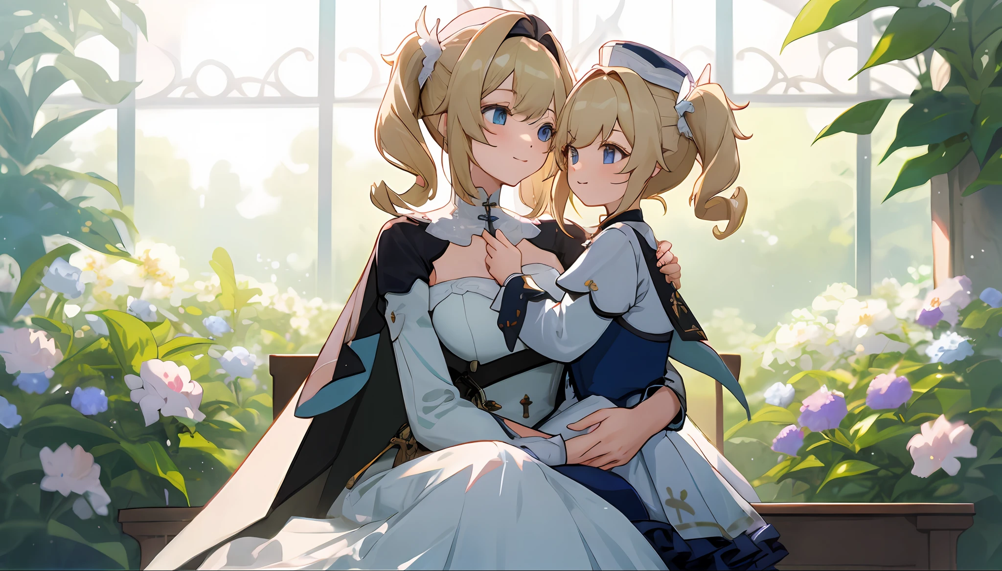 anime image of two women dressed nun posing for a picture like Nun clothing in summer, medium hair, Barbara Curly Blonde Ponytails, a girl in church, anime fantasy illustration, from the azur lane videogame, genshin, nun dress detailed art, two beautiful anime girls, mother and child, symbol of maternal love, happy, mother and child, such as photos of mother and child, sitting in the flower garden