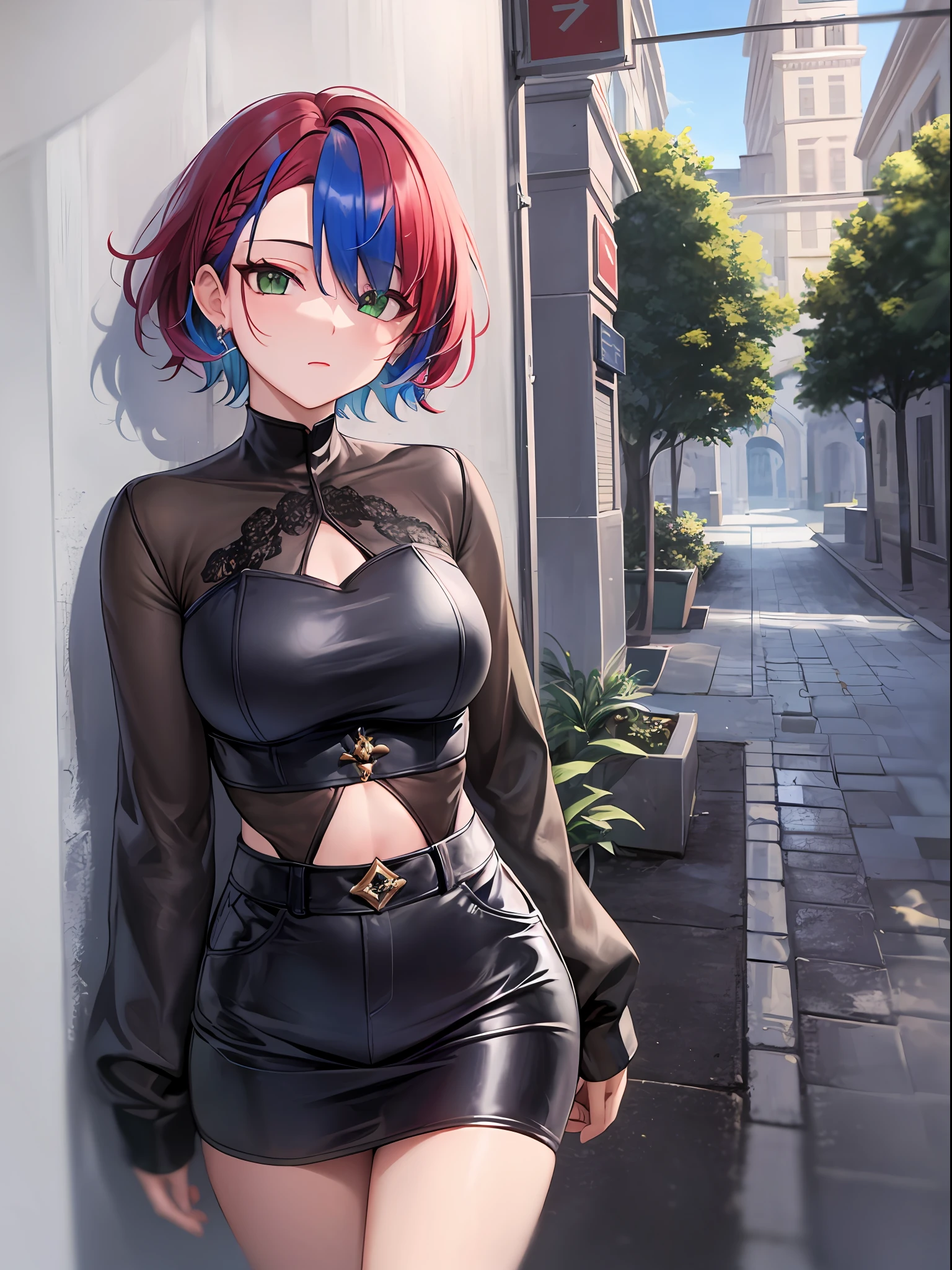 Belarus, (bold daring black outfit:1.3) (charmed_face), beautiful girl, loafers, forehead, short hair, (undercut:1.5), messy_hair, (Red hair:1.4), (Blue hair:1.4) (green eyes:1.5), solo, BREAK, girl, sfw,