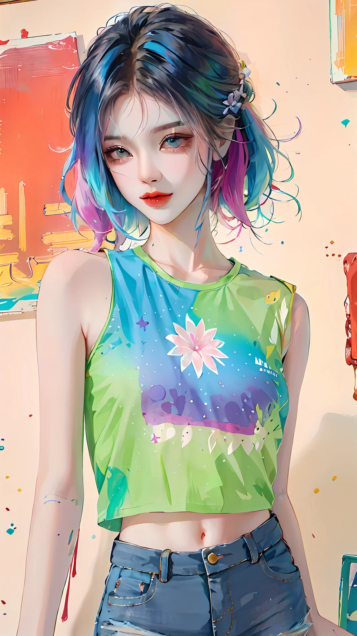 arafed woman with blue hair and a green top with flowers, colorful pigtail, with sprouting rainbow hair, anime inspired, anime girl with cosmic hair, vibrant fantasy style, cute colorful adorable, flower butterfly vest, colorful]”, y 2 k cutecore clowncore, rossdraws pastel vibrant, unearthly art style, colorful, rossdraws cartoon vibrant