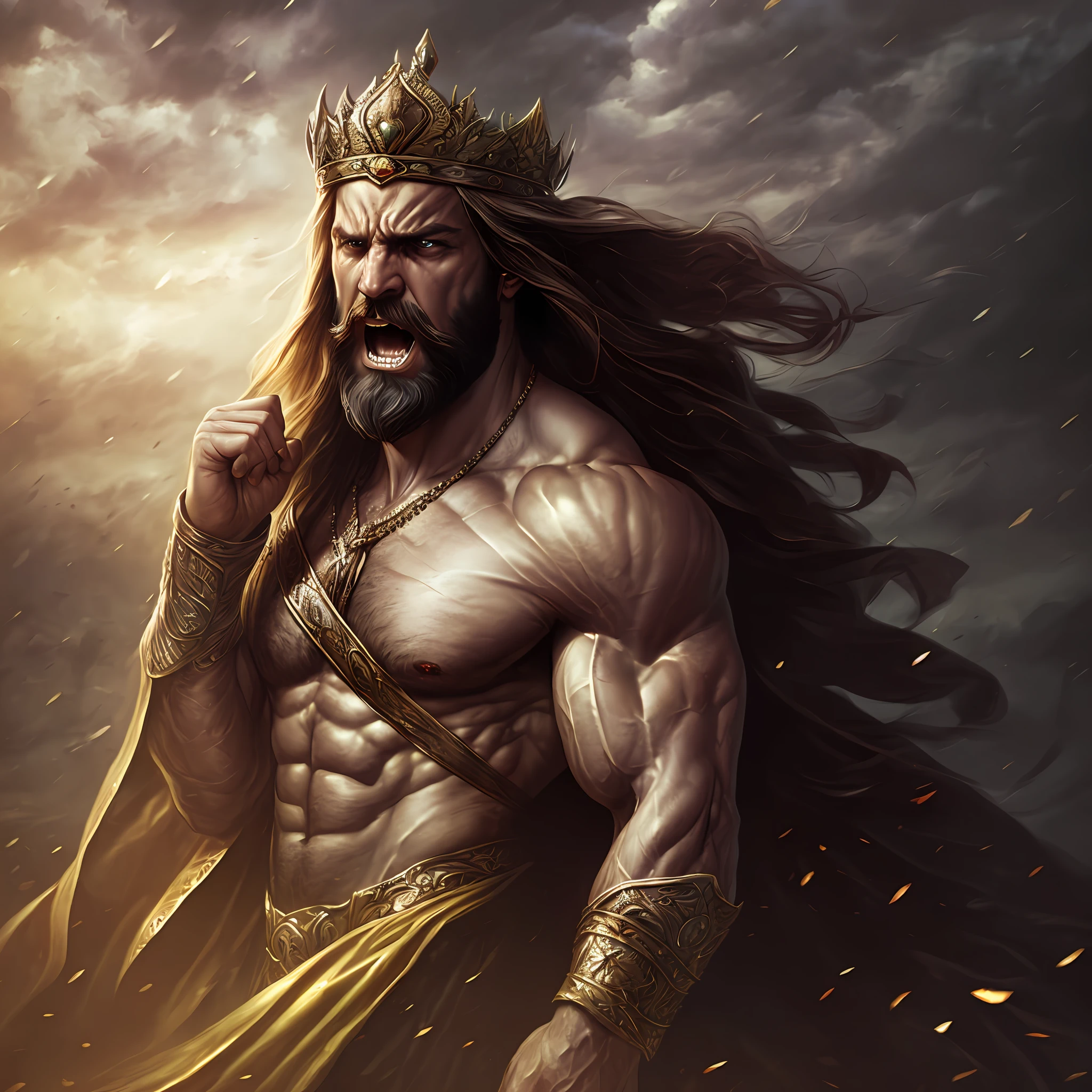 A man like Persian king Darius the Great, long black beard like Achaemenid Persian soldiers, very muscular body, long black hair, two big black wings, iron scepter in hand, angry and angry, like God, like Persian king Darius, his face like super villain , the weather is stormy and rainy, he looks at the sky, high qualityoTry photo of the most beautiful artwork in the world featuring a soft and lustrous male hero, ((epic heroic fantasy, muscular men, stout, wounded hero, angry look with long hair and long beard and fierce appearance in a dynamic posture, fantastic location, majestic cluttered environment)), full body 8k unit rendering, action photo, skin pores, Very dark lighting, heavy shadows, detailed and detailed face, (vibrant, realistic photo, realistic, dramatic, dark, sharp focus, 8K), (weather-damaged old and worn leather clothing: 1.4), (intricate: 1.4), decadent, (highly detailed: 1.4), digital painting, octane rendering, artstation, concept art, smooth, sharp focus, illustration, art by Artgerm, (Loish: 0.23), Wlop Ilya Kuvshinov, and Greg Rutkowski and Alphonse Mucha Gracias, (global lighting, studio light, volumetric light), heavy rain, floating particles --auto