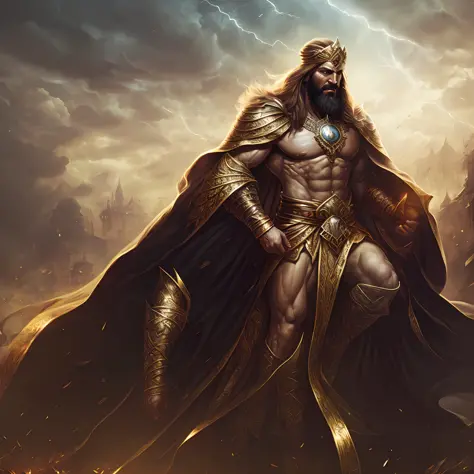 A man like Persian king Darius the Great, long black beard like Achaemenid Persian soldiers, very muscular body, long black hair...