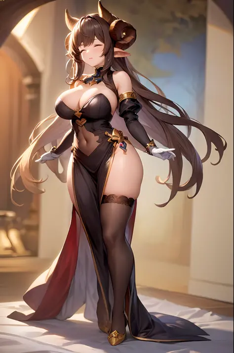 galleon / granblue fantasy /, galleon (granblue fantasy, a woman dressed in brown clothes with cute details and horns , 1girl, solo, breasts, animal ears, long hair, horns, large breasts, full body, eyes closed, pointed ears, separate sleeves, extra ears, ...