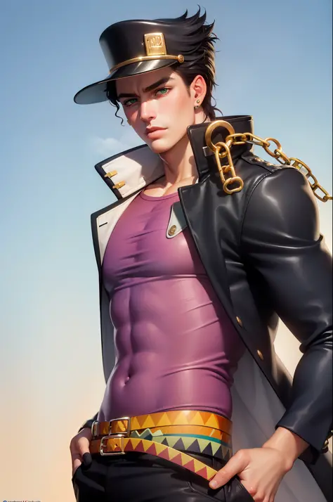 (masterpiece, best quality:1.2), cowboy shot, solo, male focus, 1boy, kujo jotaro, muscular male, serious, closed mouth, looking...