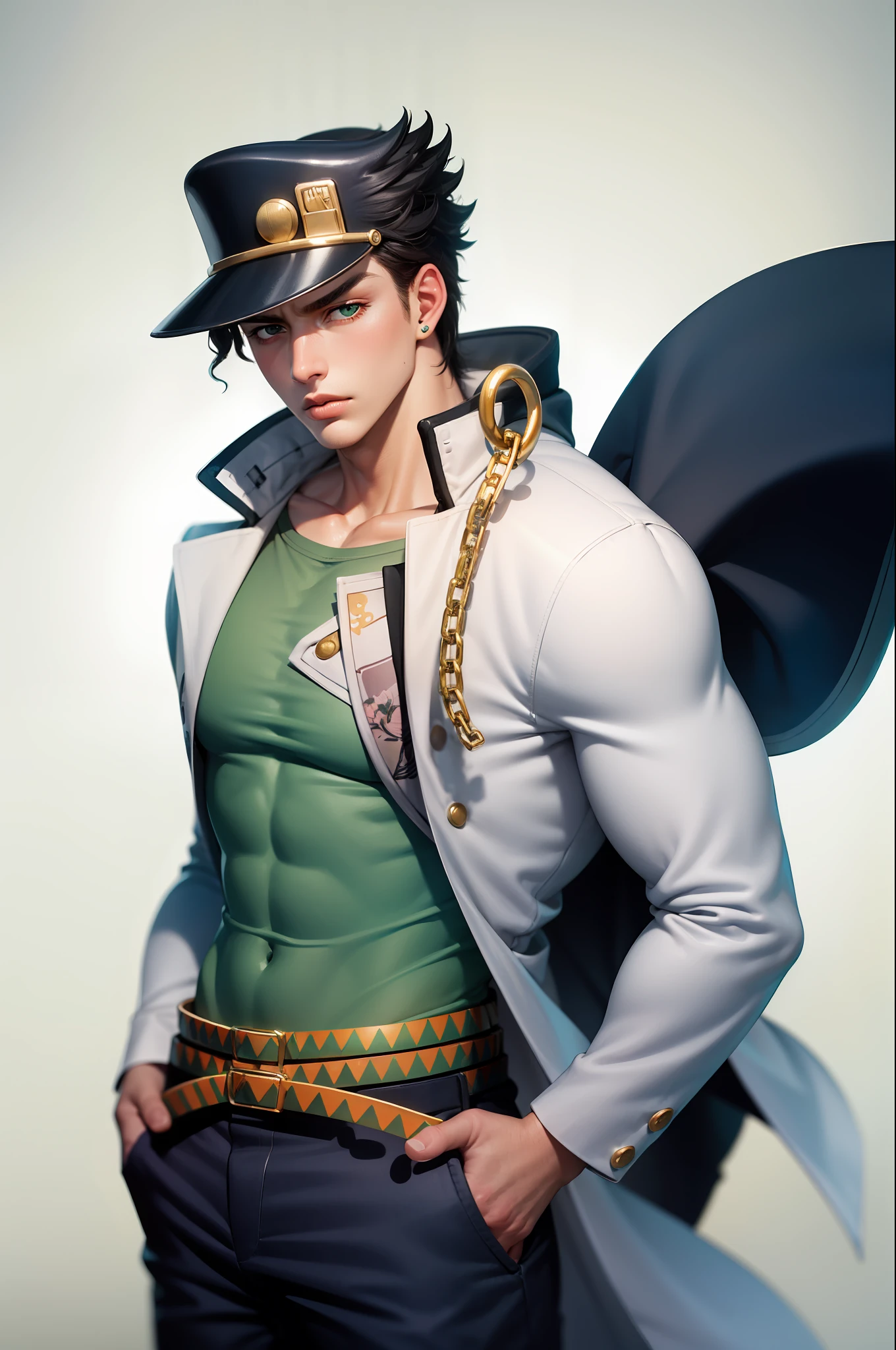 (傑作, 最高品質:1.2), カウボーイショット, 一人で, 男性中心, 1人の男の子, kujo jotaro, 筋肉質の男性, 深刻な, 口を閉じた, 視聴者を見る, ポケットに手を入れる, もっている, 緑の目, , gakuran, ロングコート, ジュエリー, イヤリング, 鎖