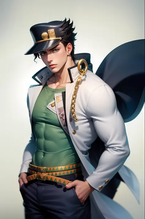 (masterpiece, best quality:1.2), cowboy shot, solo, male focus, 1boy, kujo jotaro, muscular male, serious, closed mouth, looking...