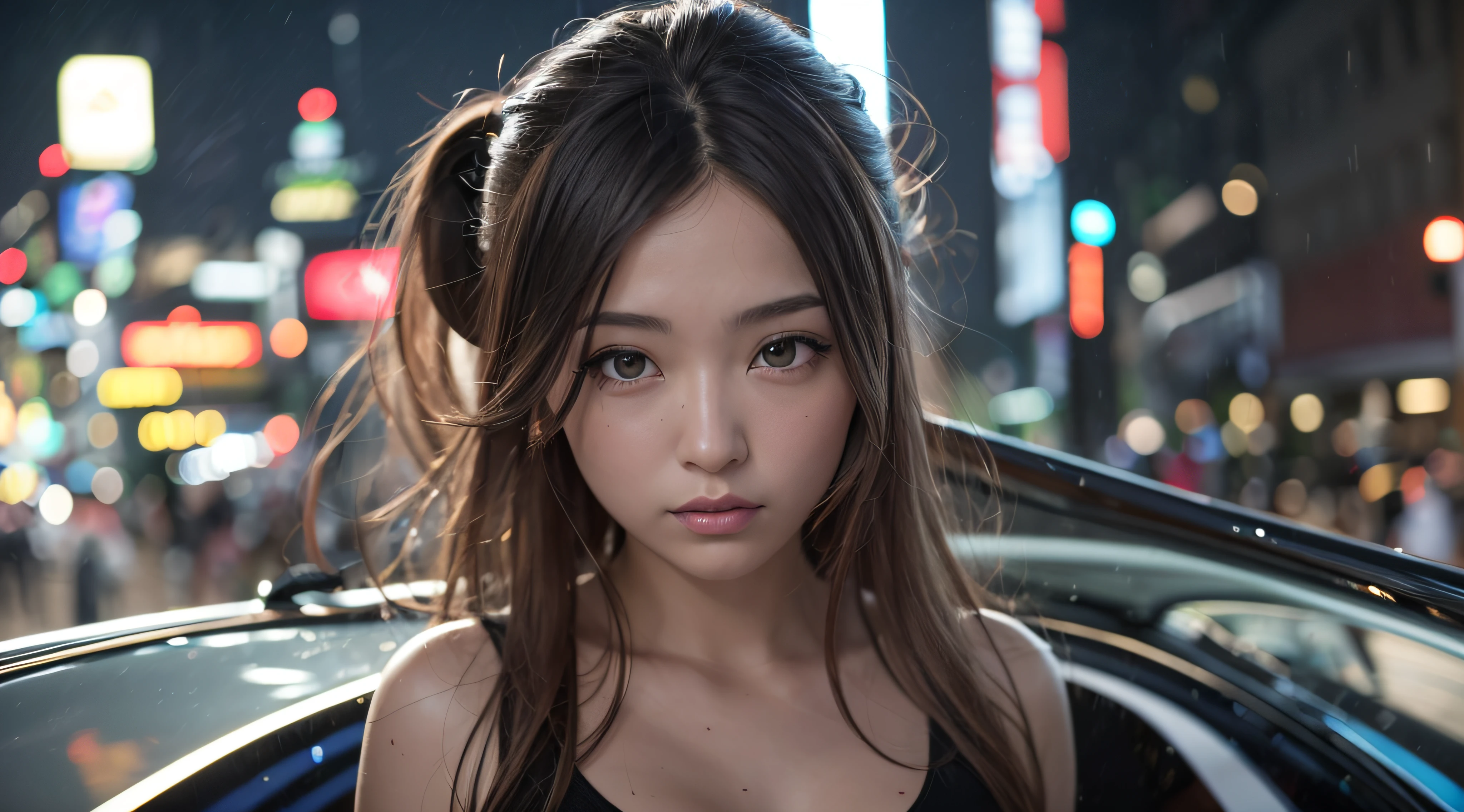Beautiful, Lighting, Masterpiece, Best Quality, 1girl, Lady Sitting Under the hood of audi TT, Japan, 28 years old, Solo, Ponytail, Racing suit, Cleavage, Small breasts, Full body, Look at viewer, Detailed face, Detailed eyes, Detailed hair, Akihabara, Night city, Wet skin, Wet hair, High Quality Water, HD, 4K, Ultra Settings