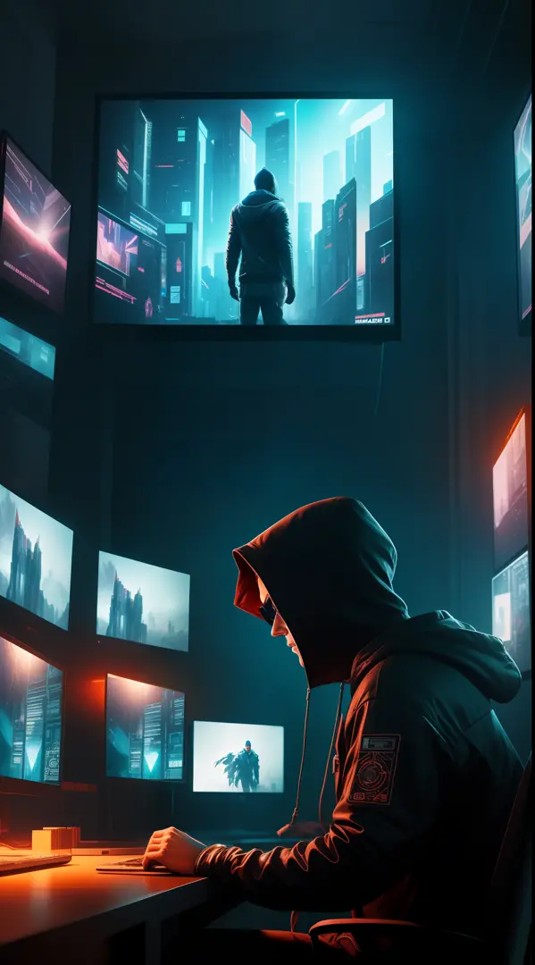 A lone hacker, immersed in a dark room full of bright computer screens and floating holograms., cyberpunk aesthetics, action mov...