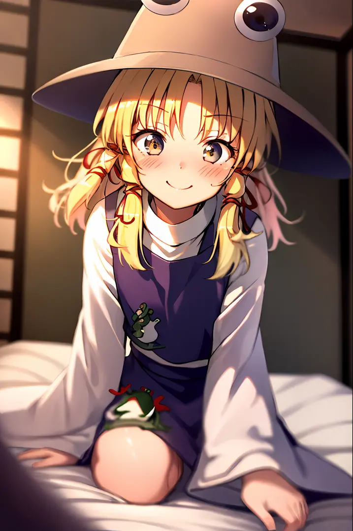 masterpiece, best quality, smile, blush, 1girl, moriya suwako, frog print, hat, blonde hair, white shirt, purple skirt, upskirt ...