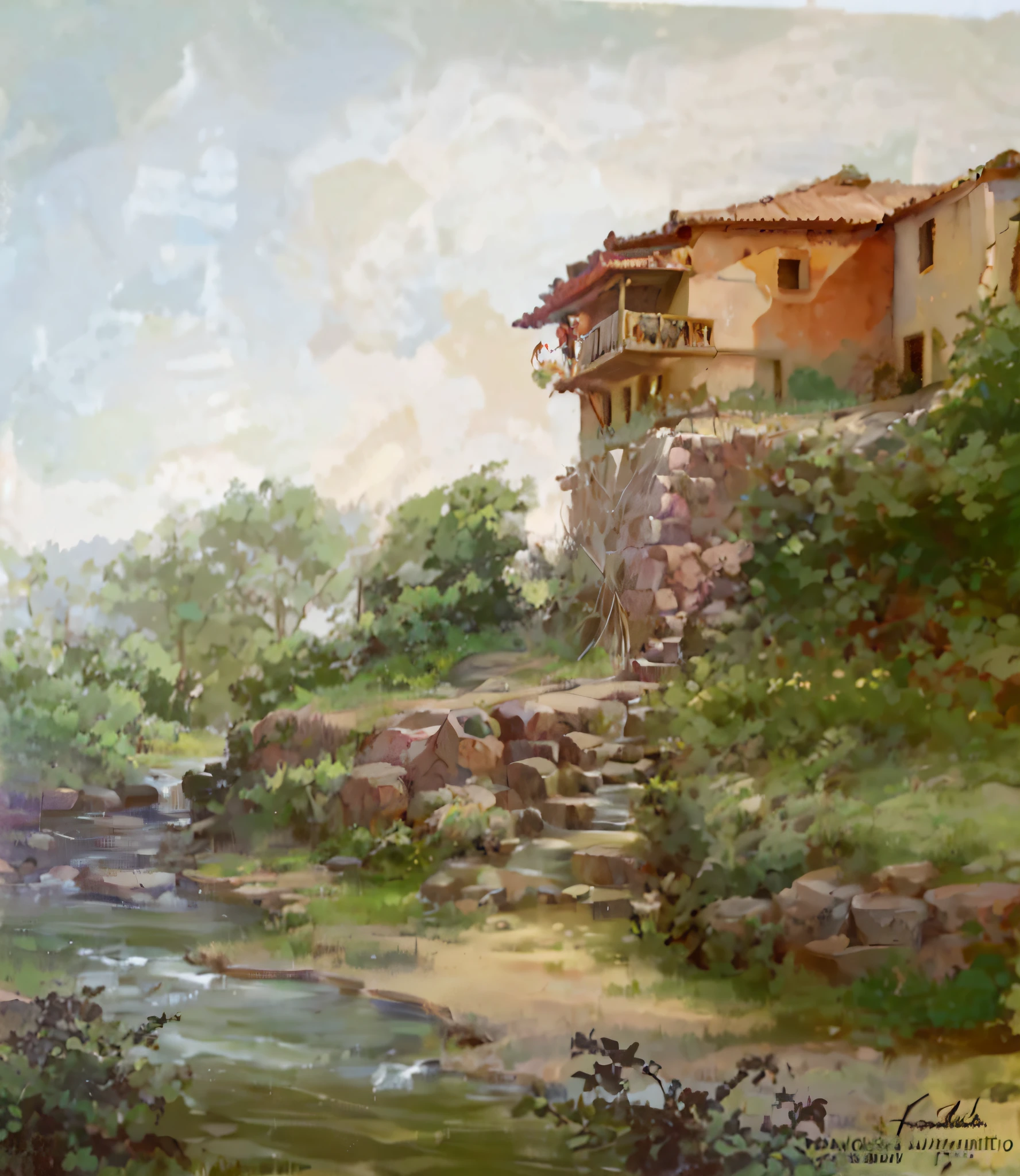 pintura de una casa en una colina con un arroyo que la atraviesa, por Ni Yuanlu, by Jenaro de Urrutia Olaran, by Carlos Francisco Chang Marín, by Benito Quinquela Martín, by Josep Rovira Soler, por Líviusz Gyulai, oil on canevas