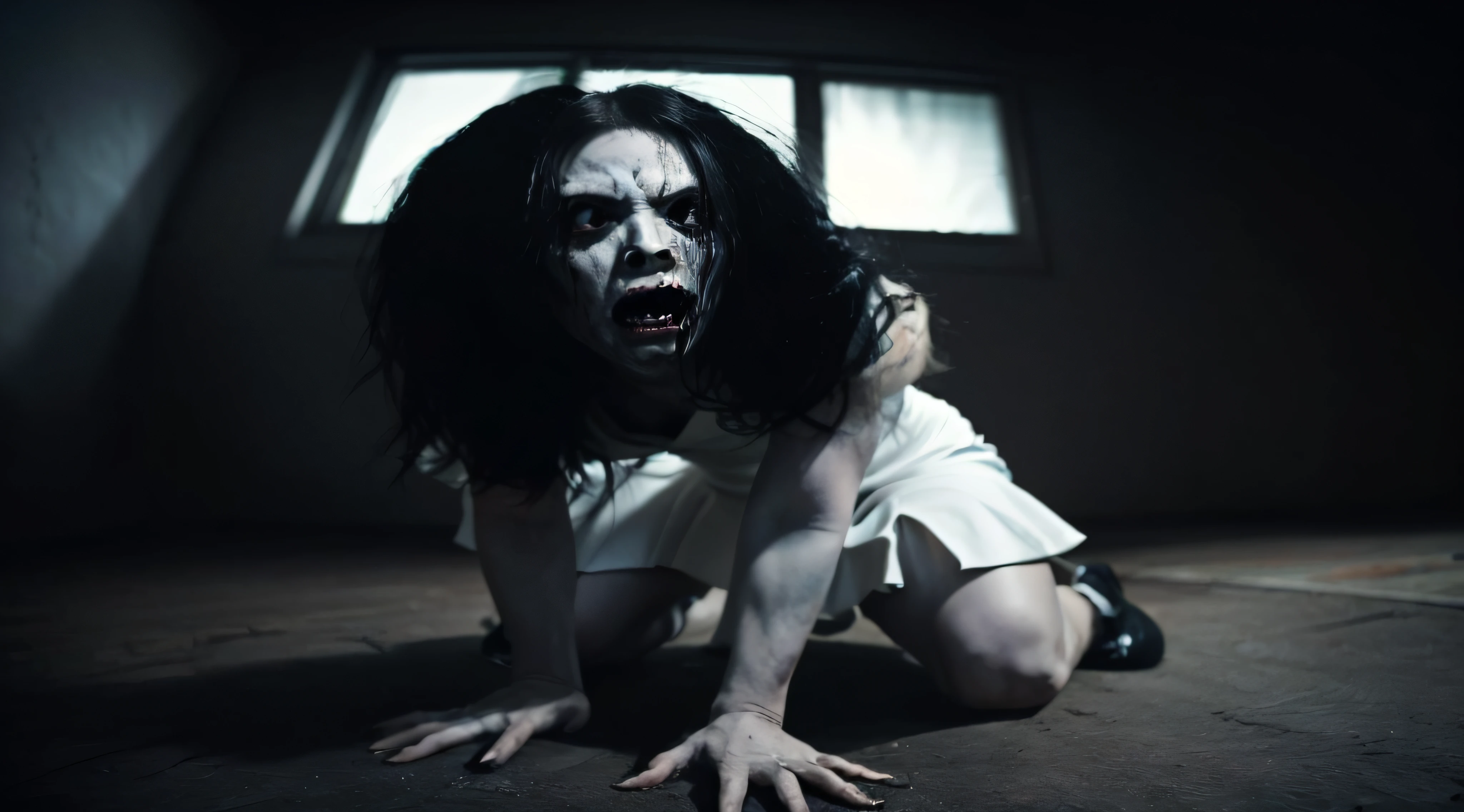 arafed woman in white dress and black makeup crouching down, the grudge, portrait of sadako of the ring, japanese horror, japanese horror movie footage, horror photography, horror photo, still from horror movie, scary pose, horror movie still, film still from a horror movie, very scary photo, crawling out of a dark room, scary photo