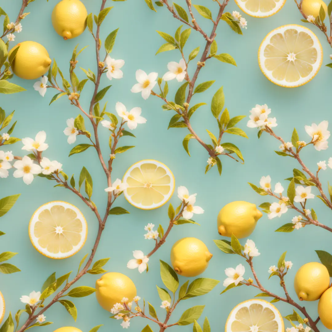 seamless pattern with lemons and flowers on a blue background, seamless pattern design, with lemon skin texture, summer color pa...