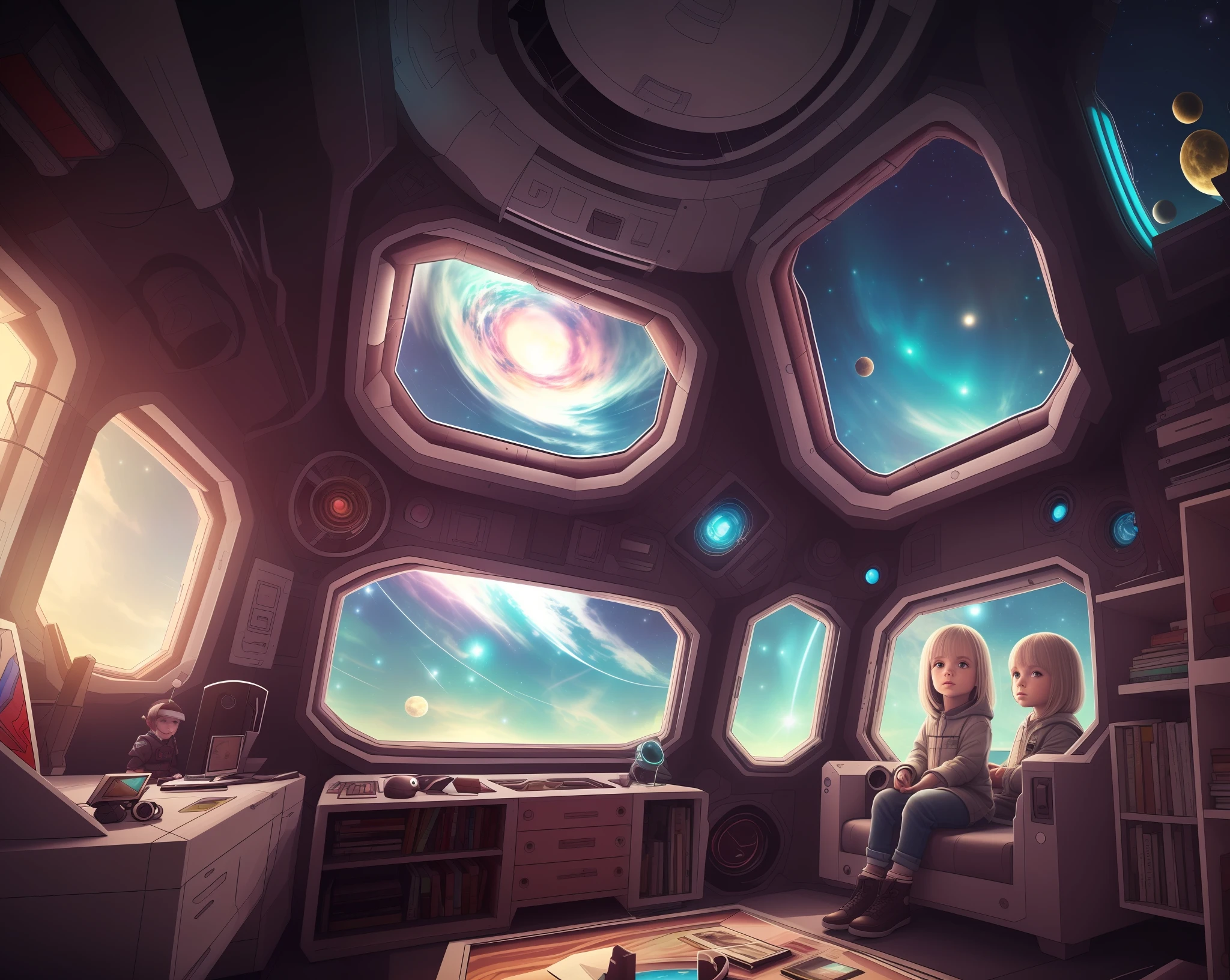 realistic cute little hybrid child head, inside the spaceship, looking at the galaxy from the windows on the left, dramatic lighting, full of color, cyberpunk