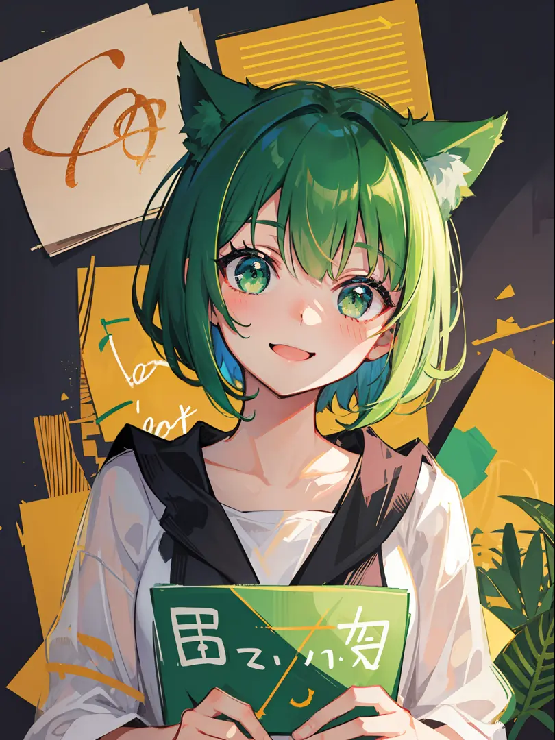 Cat girl, green short bob hair, green eyes, smile, calligraphy pattern, artistic letters, beautiful letters, calligraphy, visual...