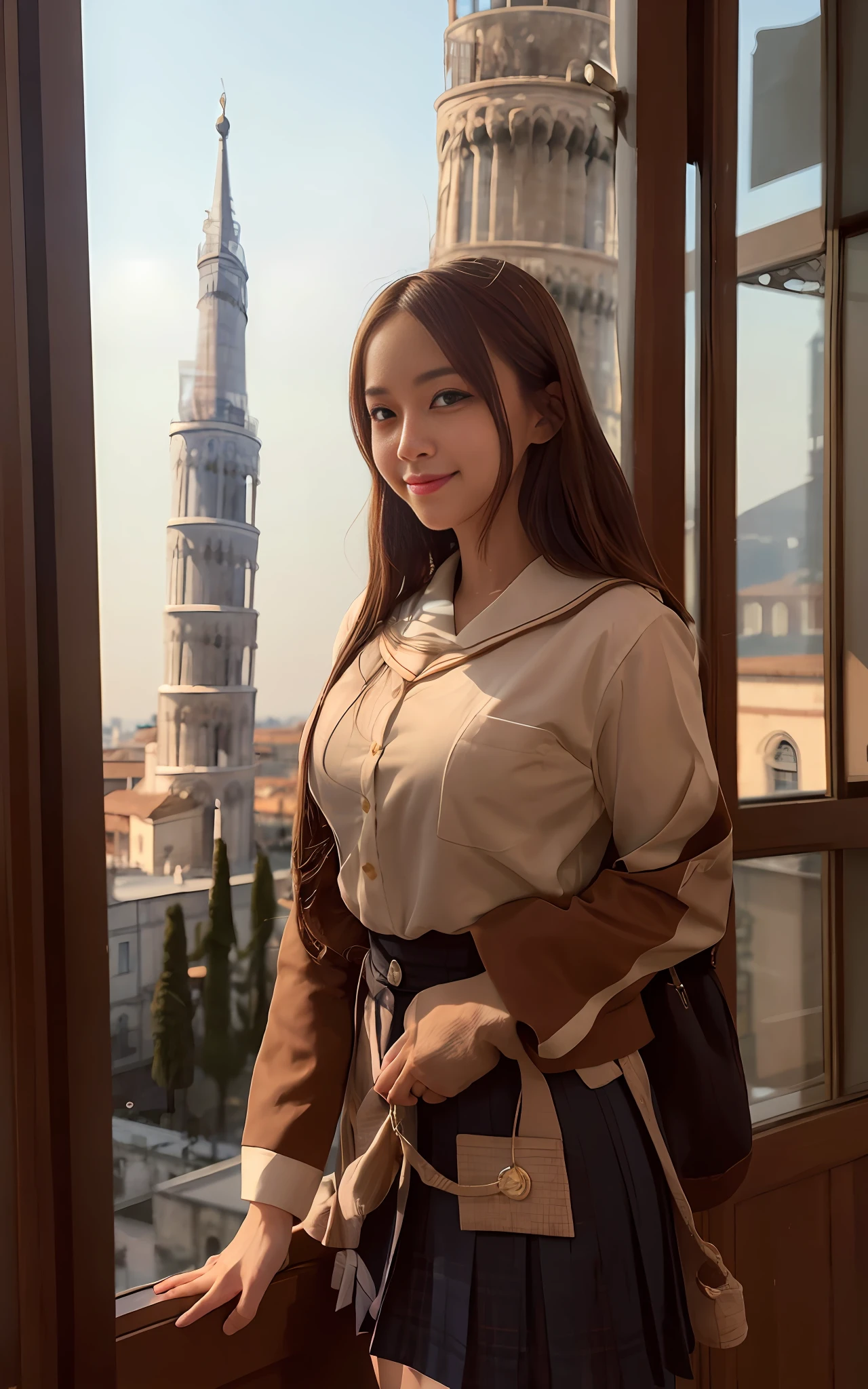 1woman, cute, 26 years old, smiling, look at viewer, sailor uniform,(Leaning Tower Of Pisa background),seifuku, photo, realistic, best quality, hires, detailed face, classroom, detailed background, diffused lighting, depth of field, bokeh