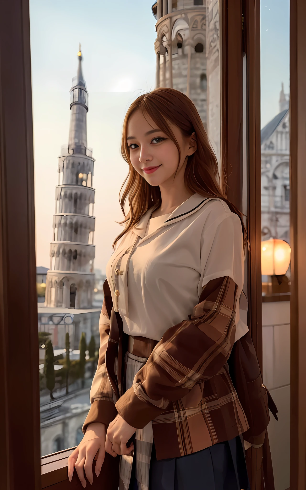 1woman, cute, 26 years old, smiling, look at viewer, sailor uniform,(Leaning Tower Of Pisa background),seifuku, photo, realistic, best quality, hires, detailed face, classroom, detailed background, diffused lighting, depth of field, bokeh