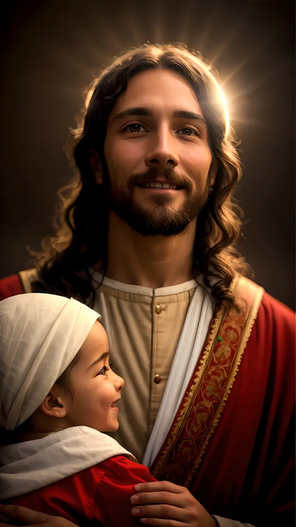 add_detail:1, realistic image of Jesus Christ smiling with a child, add_detail:light, cinematic light