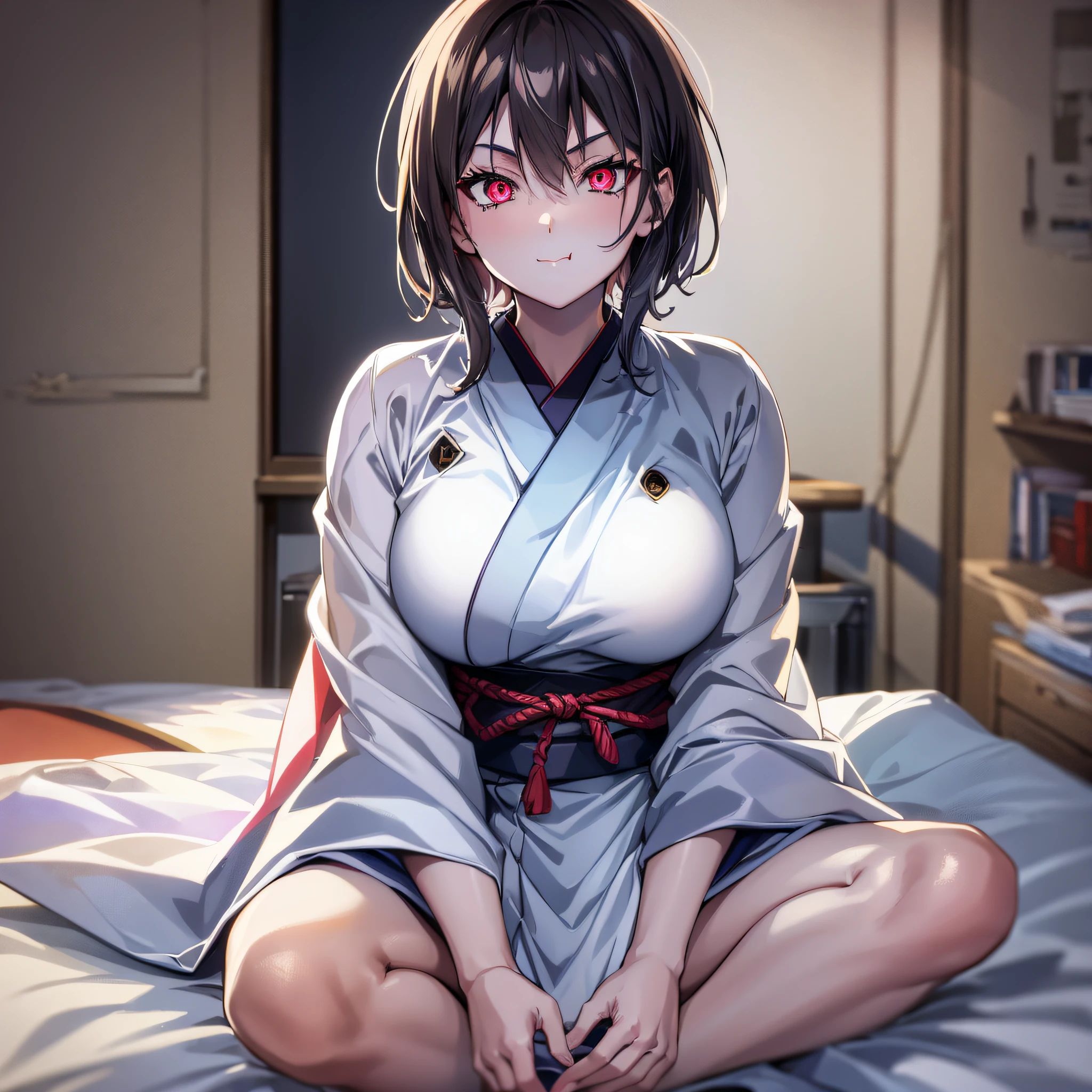 una joven, Fair white skin, senos voluminosos apretados en su ropa, con un kimono japonés, sentado en una cama desordenada, sosteniendo una katana., eye reFlection, ojos brillantes, sonrisa ligera, abadejo, animado, moderno, animado style, trazado de rayos, silueta, recortado, De cerca, F/1.2, HD, detalles altos, 4k