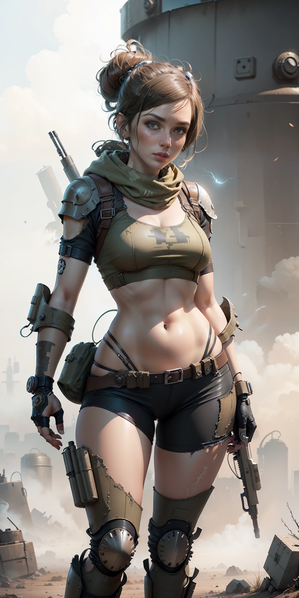 ((fallout 4)) drawing image of a woman standing on a hill with a rifle, standing, in an armored vault suit suit, female character concept art, Fallout Wasteland art, detailed, Fallout story, female character art, with a light leather armor, post-apocalyptic scavenger, ((white background)), post-apocalyptic explorer, female punk diesel,  Hyper-detailed full-body shot, post-apocalyptic costume, dieselpunk