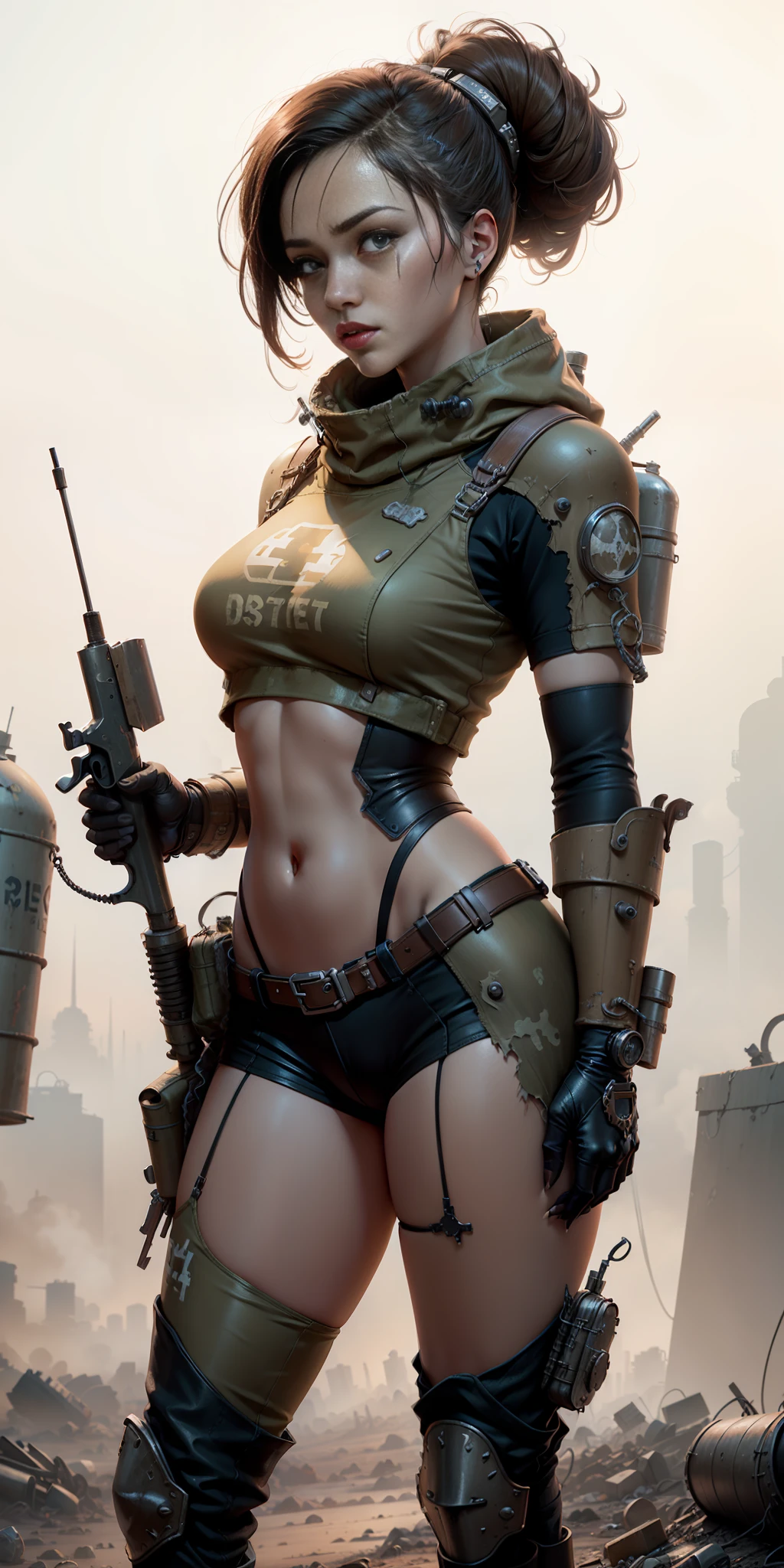 ((fallout 4)) drawing image of a woman standing on a hill with a rifle, standing, in an armored vault suit suit, female character concept art, Fallout Wasteland art, detailed, Fallout story, female character art, with a light leather armor, post-apocalyptic scavenger, ((white background)), post-apocalyptic explorer, female punk diesel,  Hyper-detailed full-body shot, post-apocalyptic costume, dieselpunk