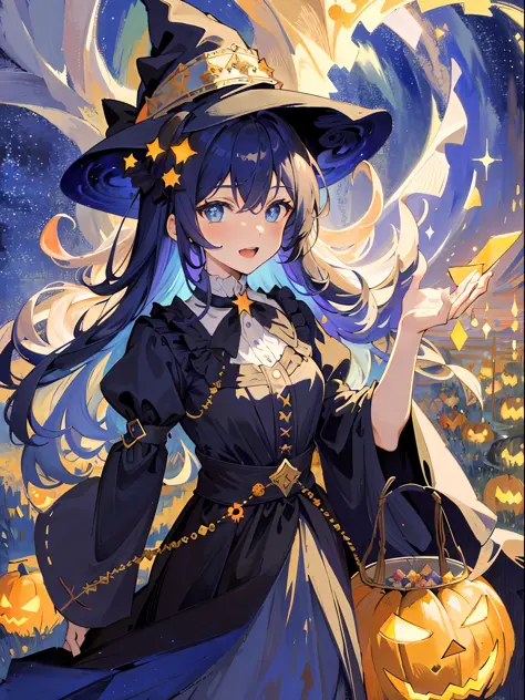 ((masterpiece:1.2, best quality)), 1girl, solo, (witch hat), a close up of a girl with curly hair, dress, aurora, night, star (sky), gloves, sky, dress, night sky, open mouth, starry sky, light blue eyes, ribbons, smile, cape, colorful hair, magic, casting...