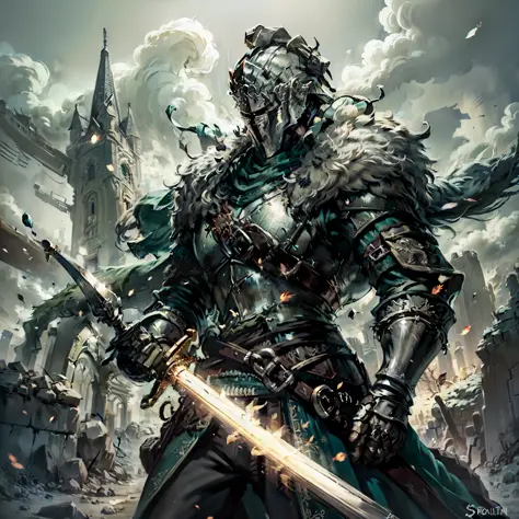 a swordsman in dark dragon armor, cave-like scenery with stones and gems scattered throughout the environment, dark souls, souls...