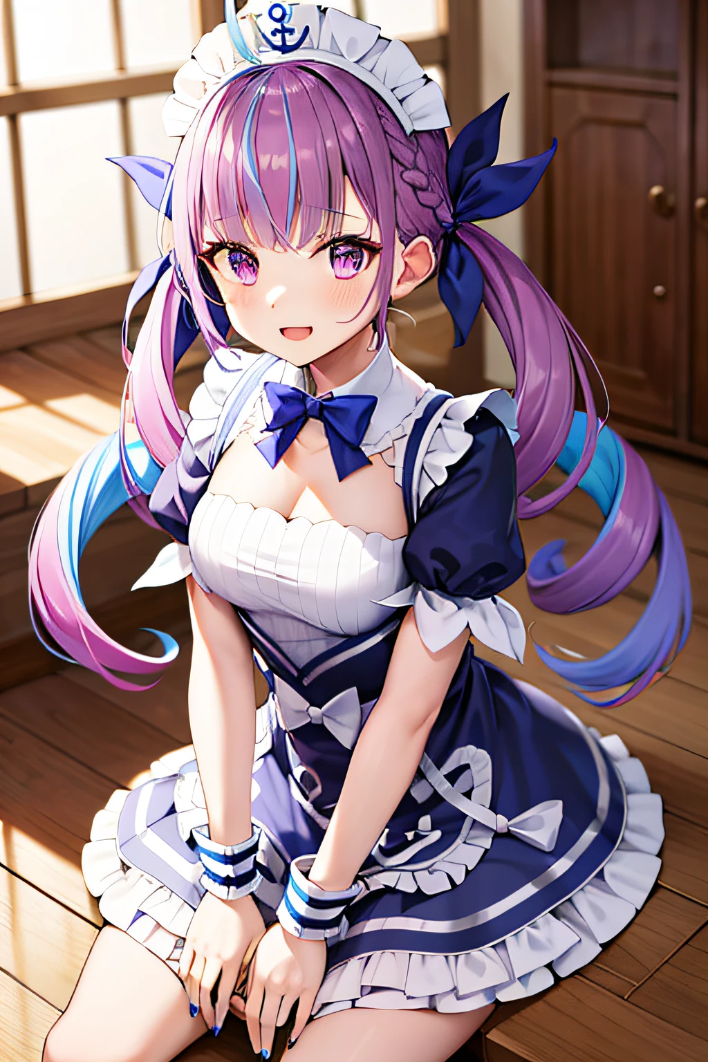 Masterpiece, Top Quality, Hi-Res, One Girl, Virtual YouTuber, Minato Akua, Long Hair, Multicolored Hair, Dress, Twin Tails, Maid Headdress, Color Inner Hair, Purple Eyes, Anchor Symbol, Blue Hair, Ribbon, Two-Tone Hair, Short Sleeves, Braids, Blue Dress, Wrist Cufflinks, Ribbons, Bangs, Drill Hair, Blue Nails, Twin Drills, Puffy Short Sleeves, hair ribbon, purple hair, puffy sleeve, ahoge, ankle cuffs, dress ribbon, maid, ruffles, nail polish, striped hair, small breasts, cowboy shot,