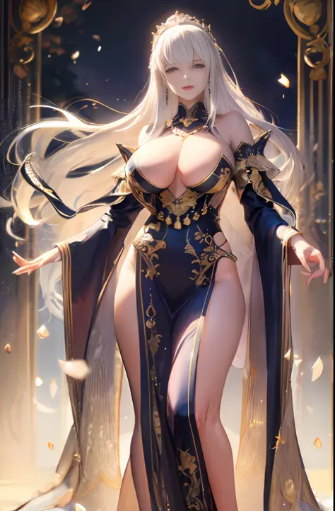 Master anime work, impeccable masterpiece, a mature noblewoman dressed in a pure white background, a rich woman, flowing silver hair, full body standing, slender legs, straight breasts, detailed face details, natural and beautiful standing, vivid and real ...