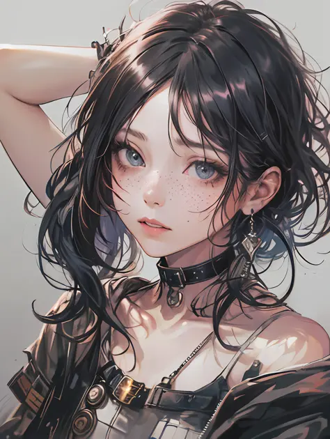 masterpiece, 1girl with black short messy hair, punk style, big honey eyes, ultra detailed face and eyes, embarrassed face, freckles, 8k, ultra hd --auto --s2