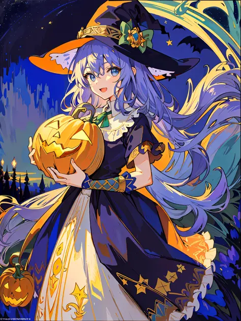 ((masterpiece:1.2, best quality)), 1girl, solo, (witch hat), a close up of a girl with curly hair, dress, aurora, night, star (s...