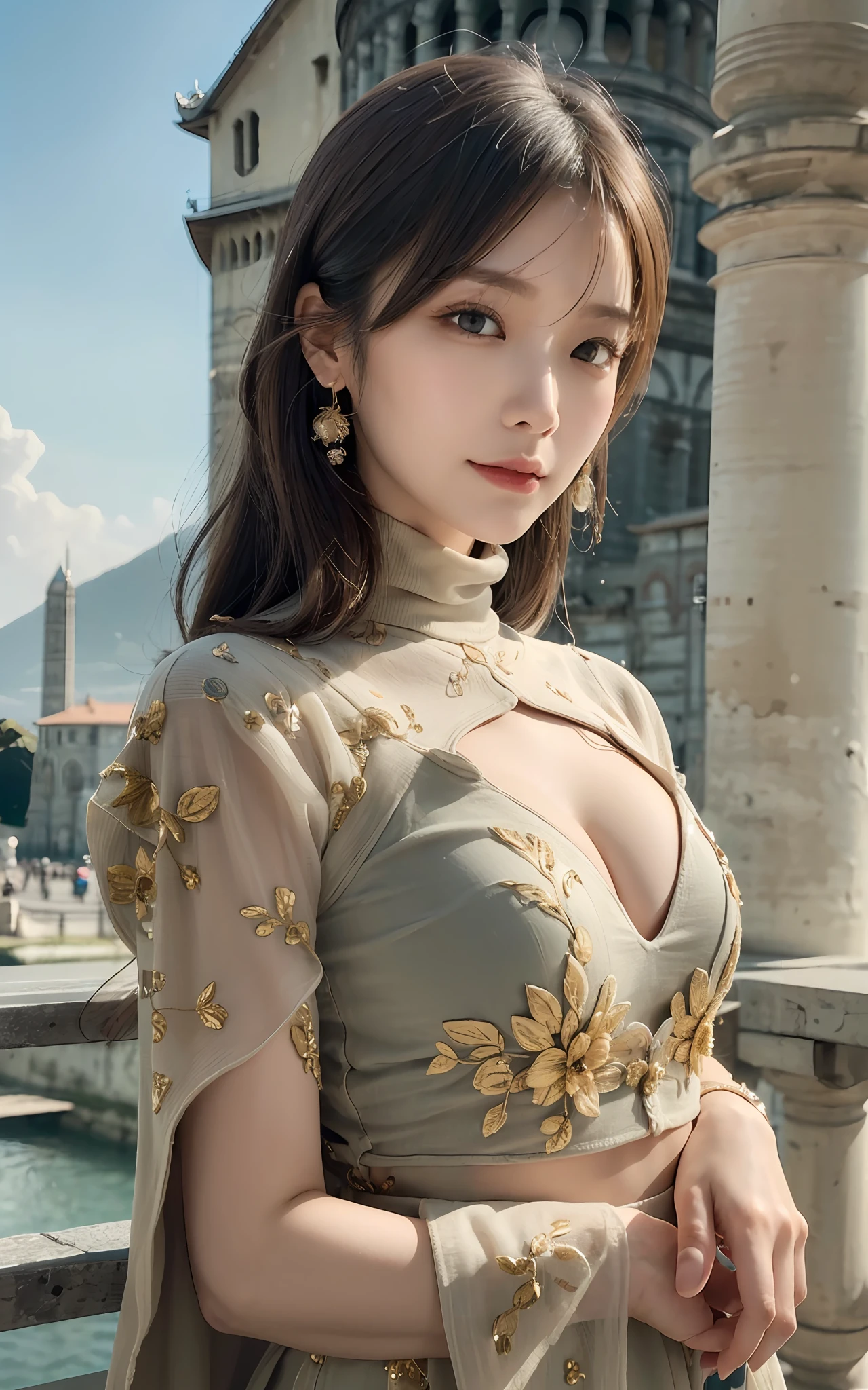 (Mai Shiraishi, white turtleneck, sleeveless, long white dress, denim shot, back shot, rear view, looking forward, (Leaning Tower of Pisa background), navel, arched back, arms up, dark brown very short hair, huge breasts, standing))), (((masterpiece, best quality, highly detailed, absurd, RAW photos, super high resolution)))), highly detailed face and skin texture, detailed eyes, sharp focus, young beautiful girl in Asia, fair skin, real human skin, oval face, pores, gentle and goddess-like eyes, lip gloss, eyelashes, glossy face, wide illumination, natural shadow, small waist, slim body, slight smile, clear facial features, beautiful face, double eyelids, drooping eyes,